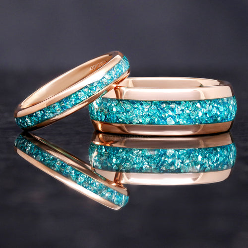 Crushed Aquamarine Ring Set, Couples Rose Gold Band, His and Her Ring, Matching Wedding Band, 8mm & 4mm Rose Gold Tungsten Ring, Engraving