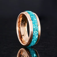 Crushed Aquamarine Ring Set, Couples Rose Gold Band, His and Her Ring, Matching Wedding Band, 8mm & 4mm Rose Gold Tungsten Ring, Engraving