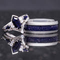 Matching silver couples ring set: 8mm tungsten band and coffin-cut blue sandstone engagement ring