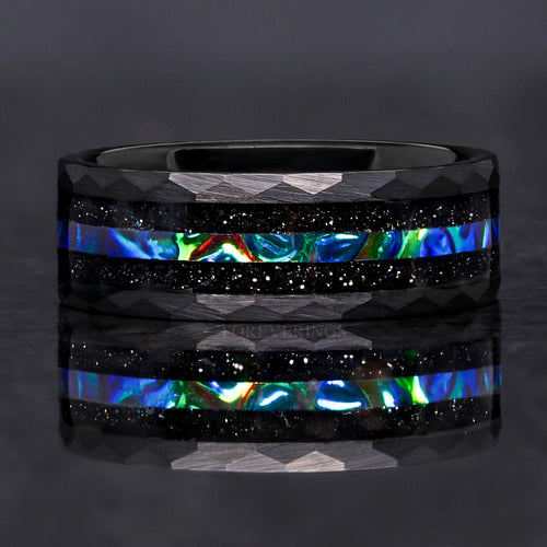 Azure Hammered Tungsten Band, Man Wedding Ring, Unique Promise Ring for Him, Blue Dichrolam, Black Nebula Ring, Flat Brush, Ring Engraving