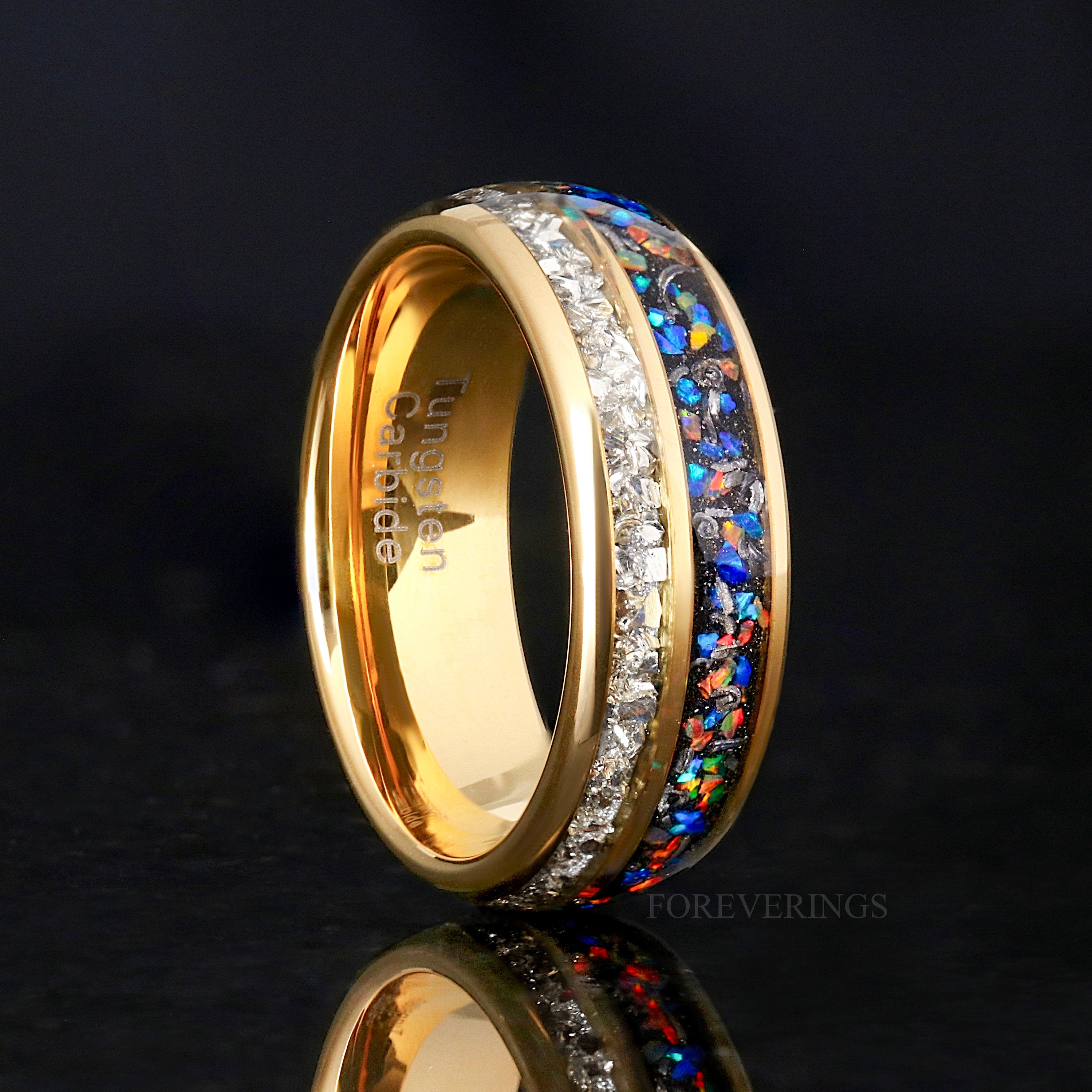 Couples Galaxy Opal Ring Set, His and Her Gold Tungsten Band, Matching Wedding Ring, Genuine Meteorite, Dome, Polish, Ring Engraving