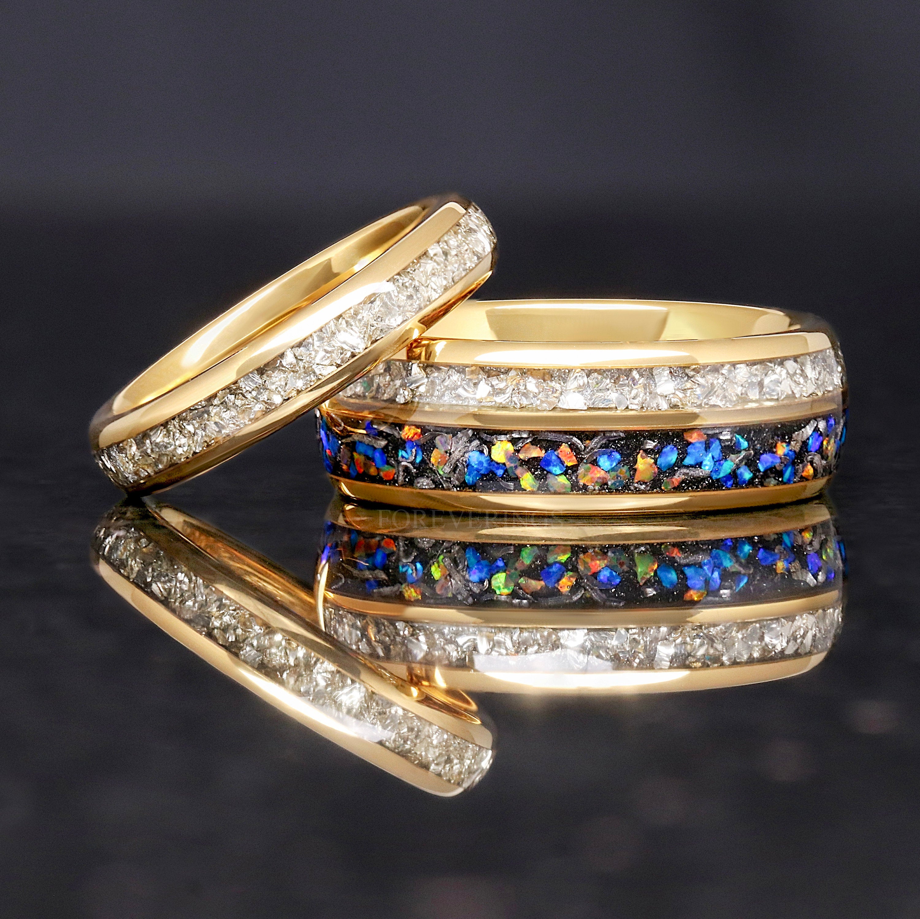 Couples Galaxy Opal Ring Set, His and Her Gold Tungsten Band, Matching Wedding Ring, Genuine Meteorite, Dome, Polish, Ring Engraving