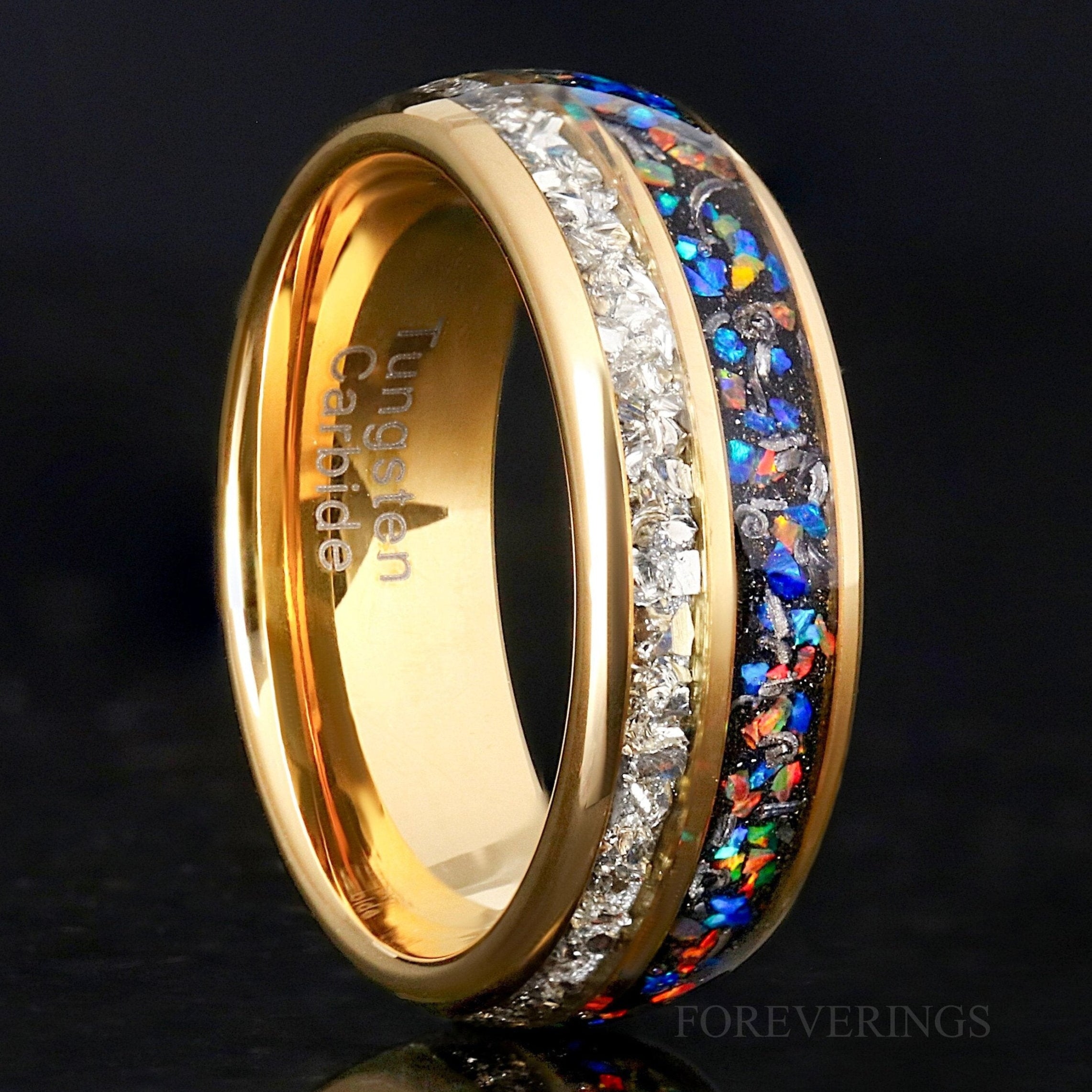Unique Mens Galaxy Opal Band, Gold Tungsten Ring, Genuine Meteorite, Dome, Polish, Silver Glass Stone, Ring Engraving, Man Wedding Band