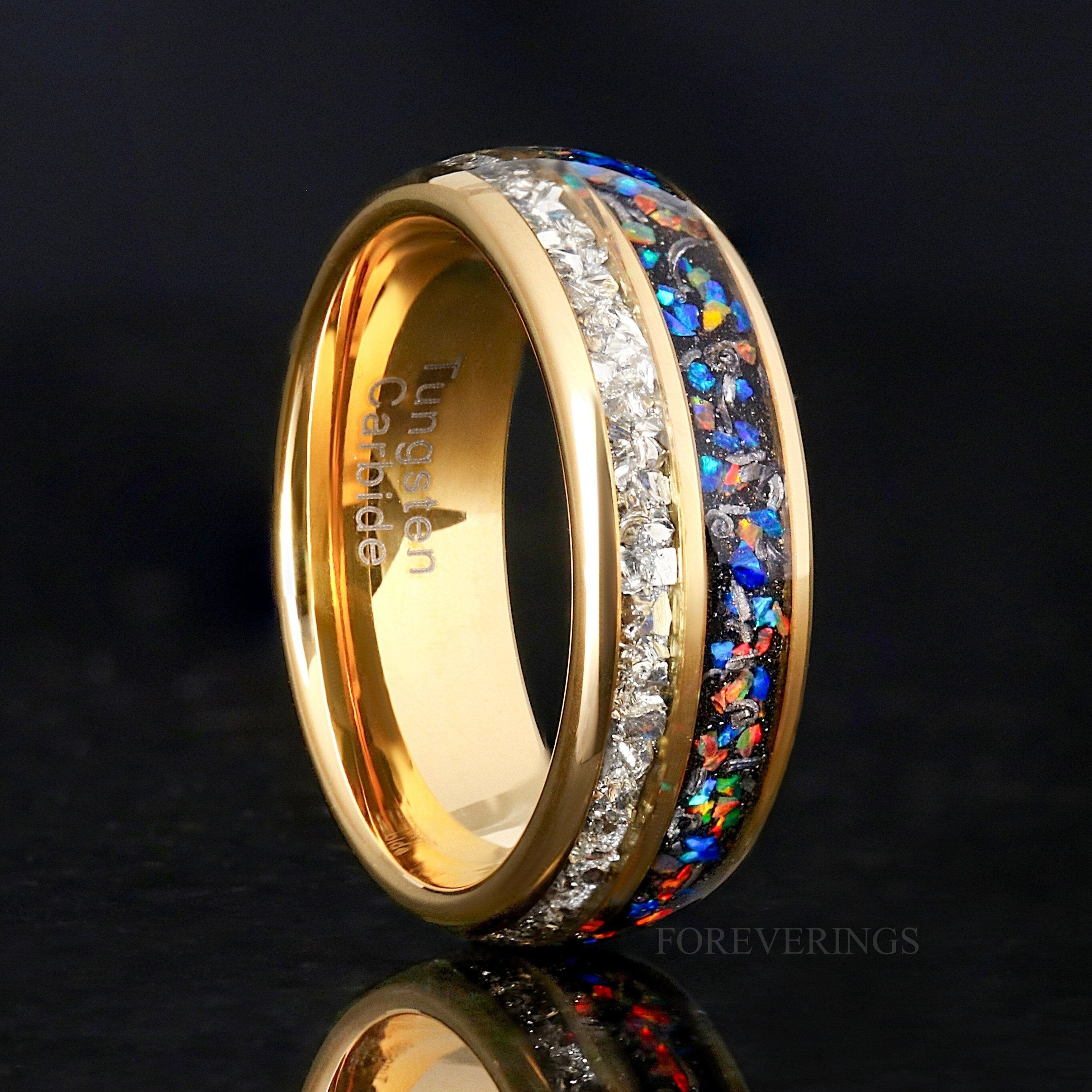 Unique Mens Galaxy Opal Band, Gold Tungsten Ring, Genuine Meteorite, Dome, Polish, Silver Glass Stone, Ring Engraving, Man Wedding Band