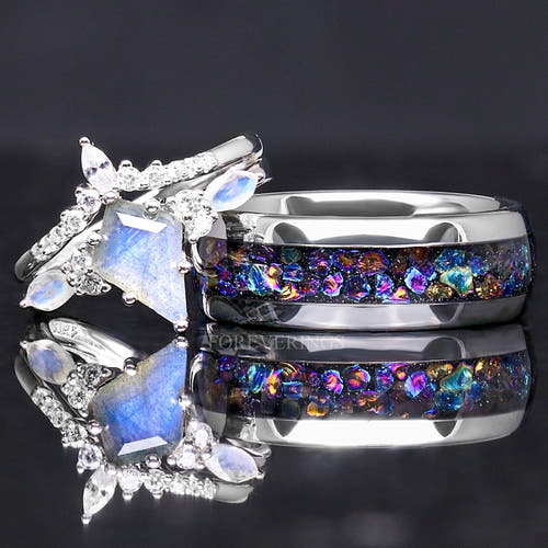 Matching silver couples ring set with a labradorite bridal set and 8mm tungsten band with moonstone inlay