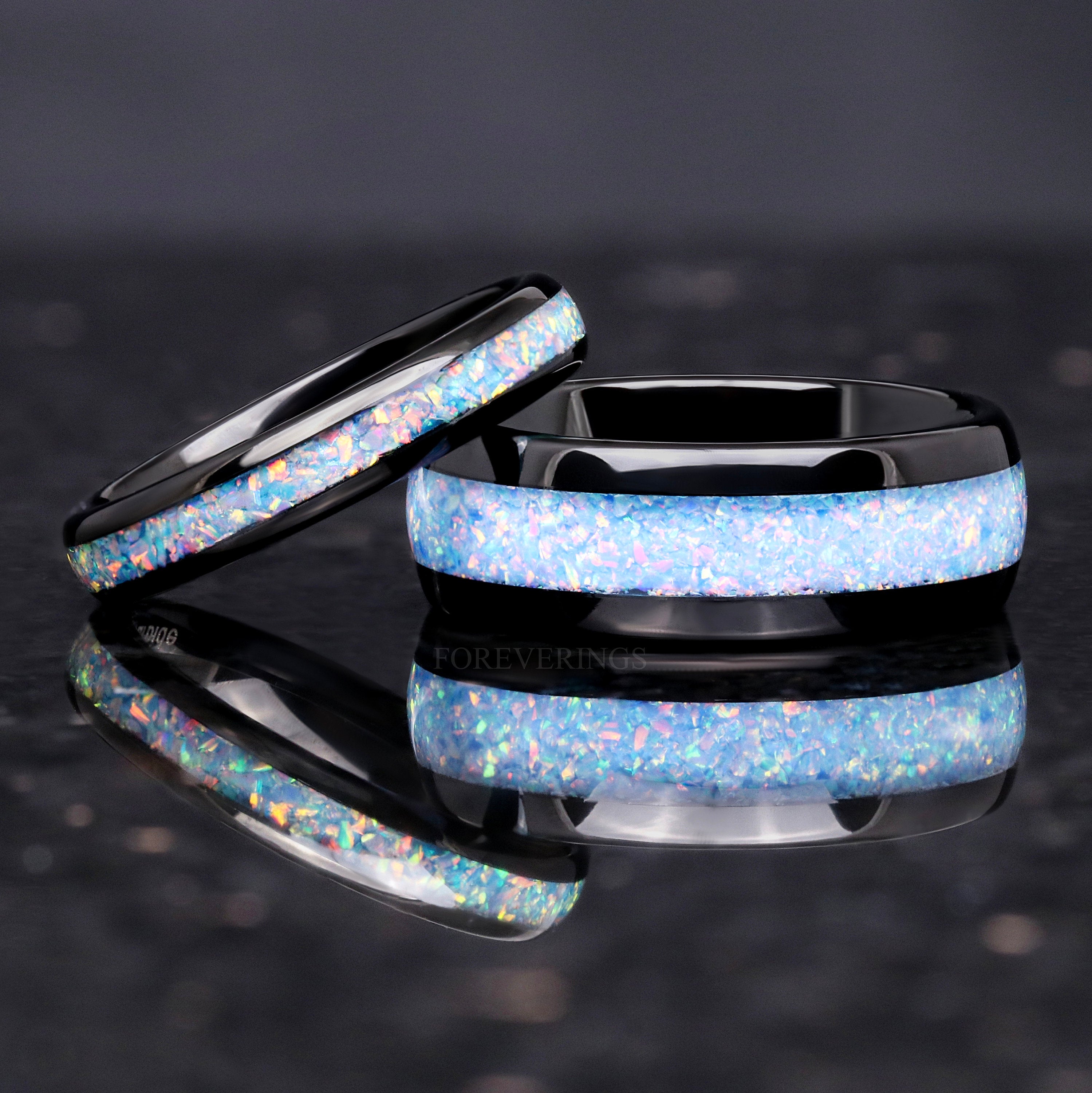 Couples Rainbow Opal Tungsten Wedding Band - Crushed Fire Opal Ring Set, 8mm & 4mm Black Band, Polish, Dome, His Her Matching Ring, Engrave