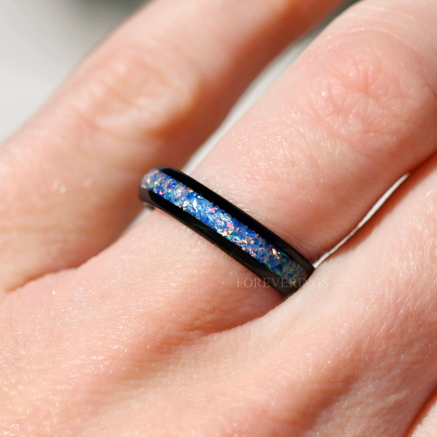 Rainbow Fire Opal Inlay Ring | Black Tungsten Wedding Band for Women
