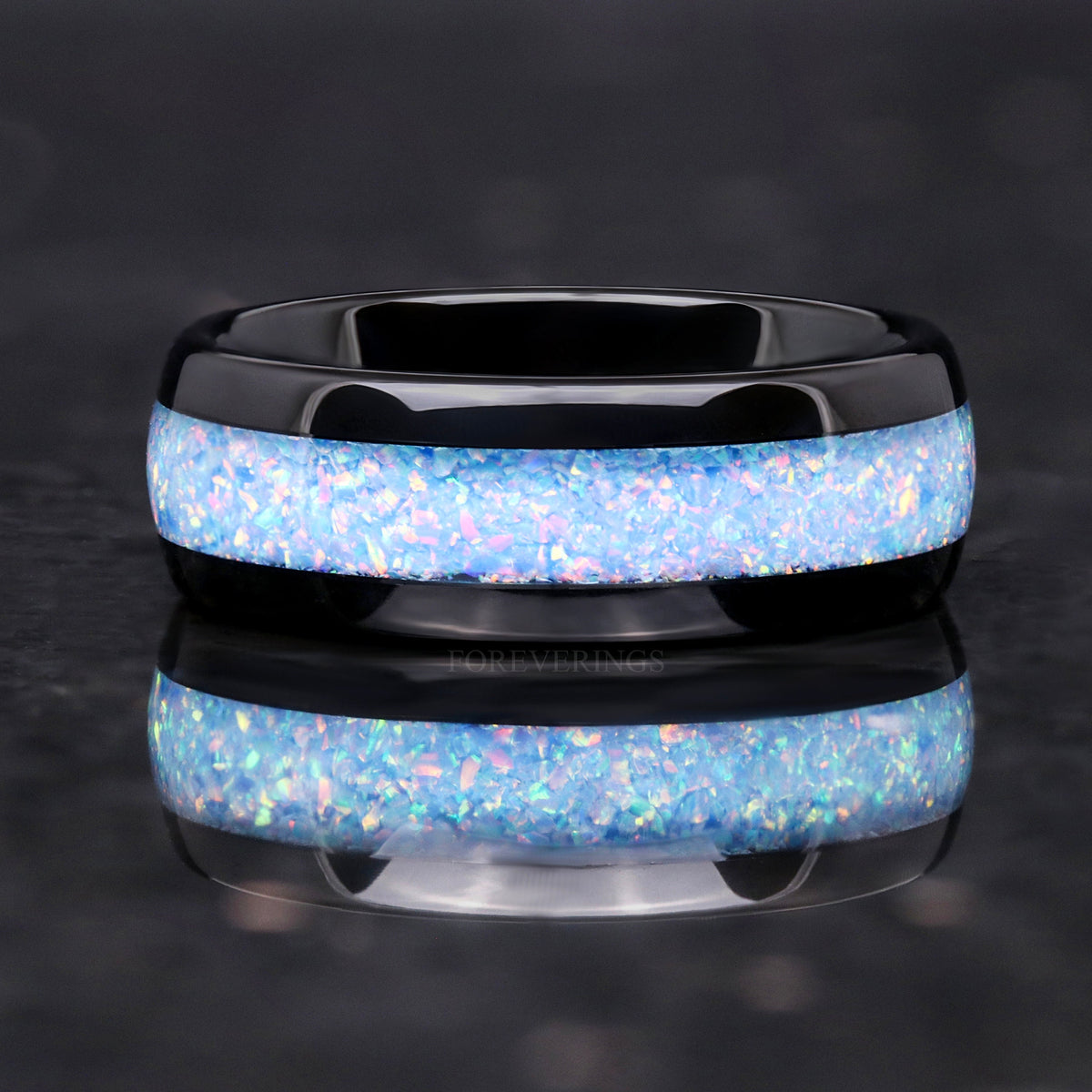 Rainbow Fire Opal Inlay Black Tungsten Wedding Band | Men's Dome 8mm Ring