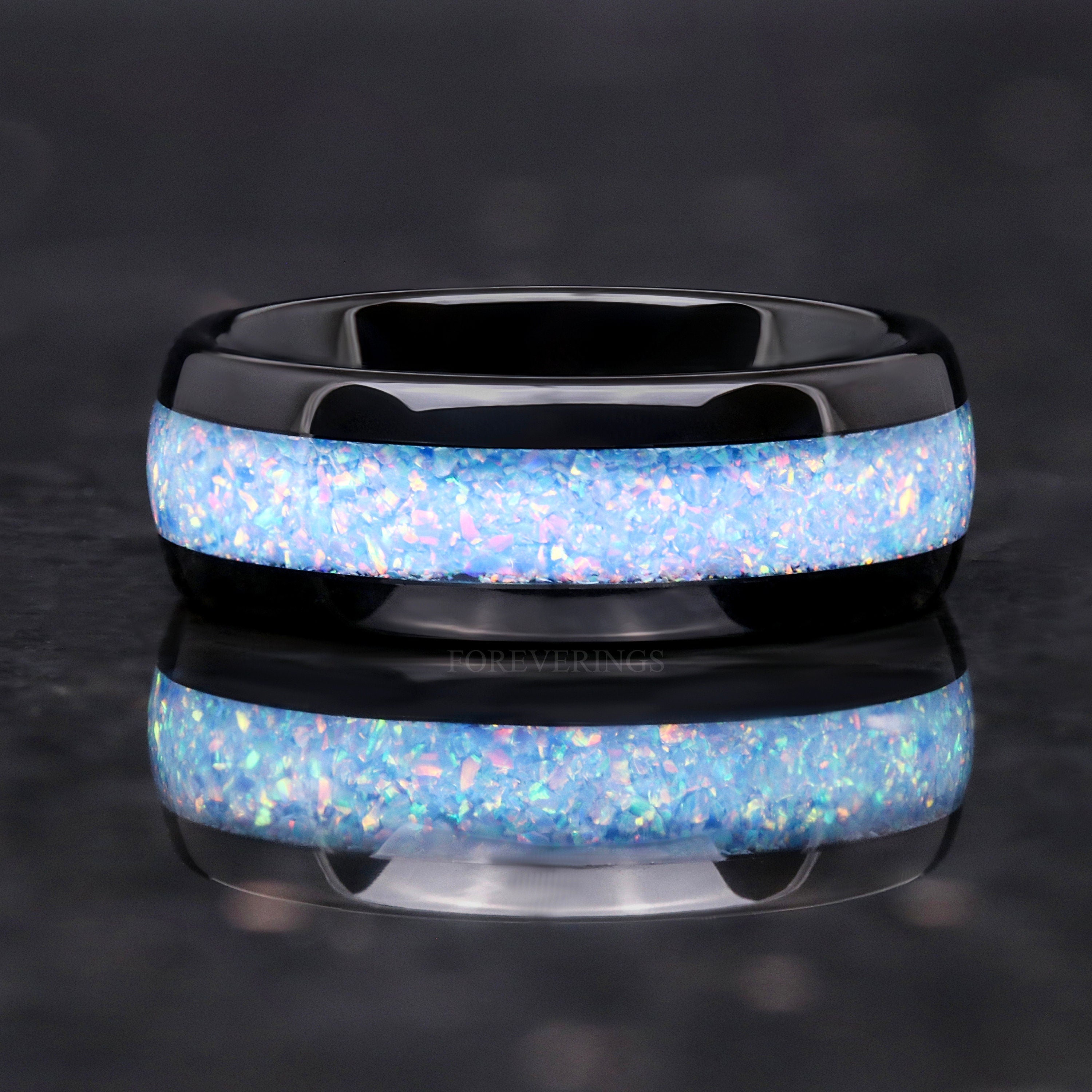 Rainbow Opal Tungsten Ring, Black Tungsten Wedding Band, 8mm Dome Ring, Polished, Mens Wedding Band, Ring Engraving, Crushed Fire Opal Inlay