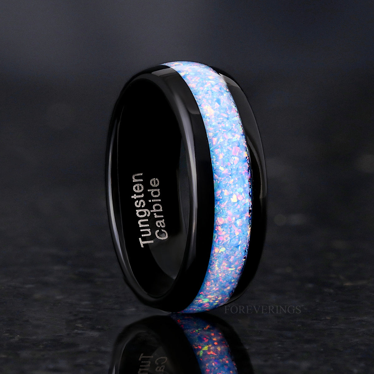 Rainbow Fire Opal Inlay Black Tungsten Wedding Band | Men's Dome 8mm Ring