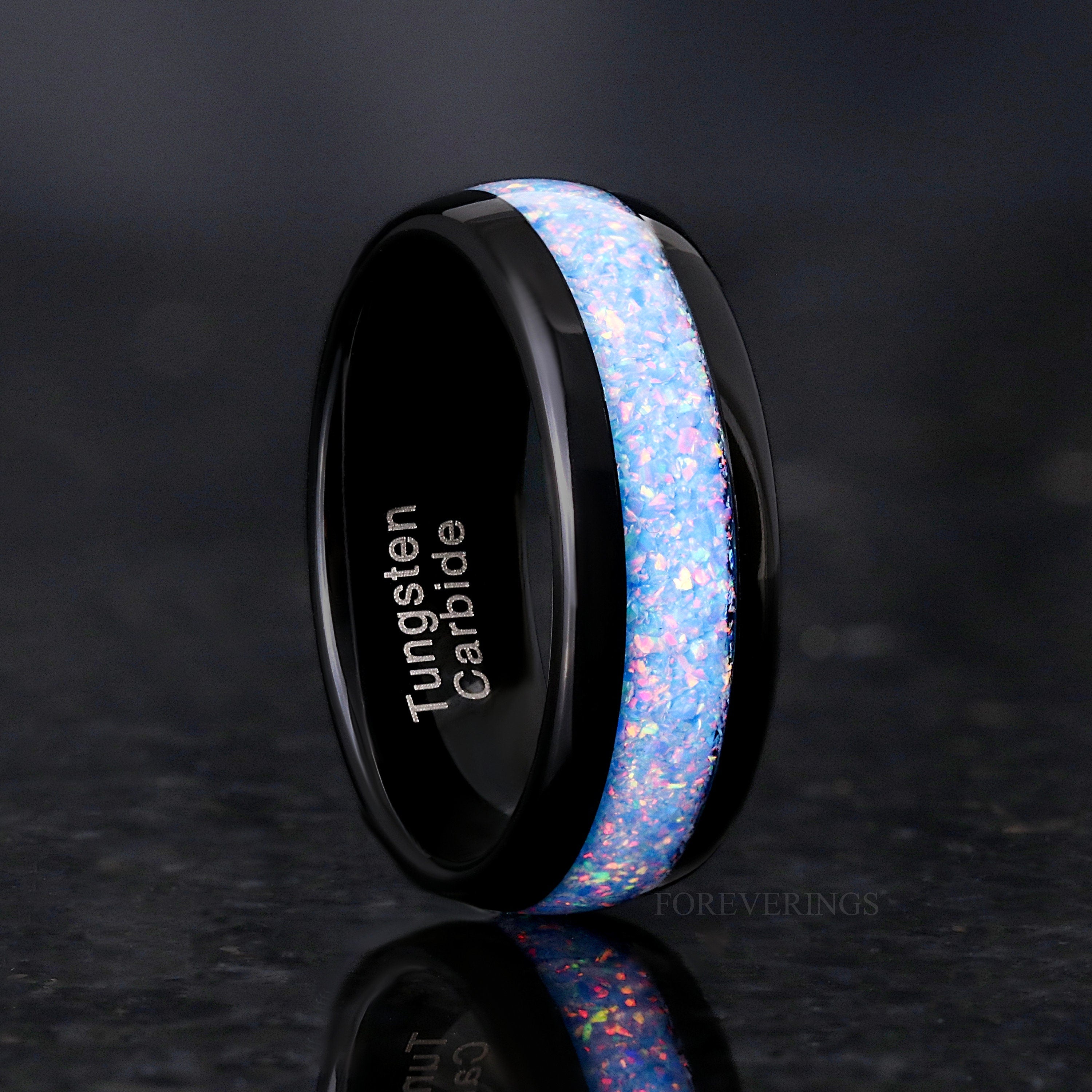 Rainbow Opal Tungsten Ring, Black Tungsten Wedding Band, 8mm Dome Ring, Polished, Mens Wedding Band, Ring Engraving, Crushed Fire Opal Inlay