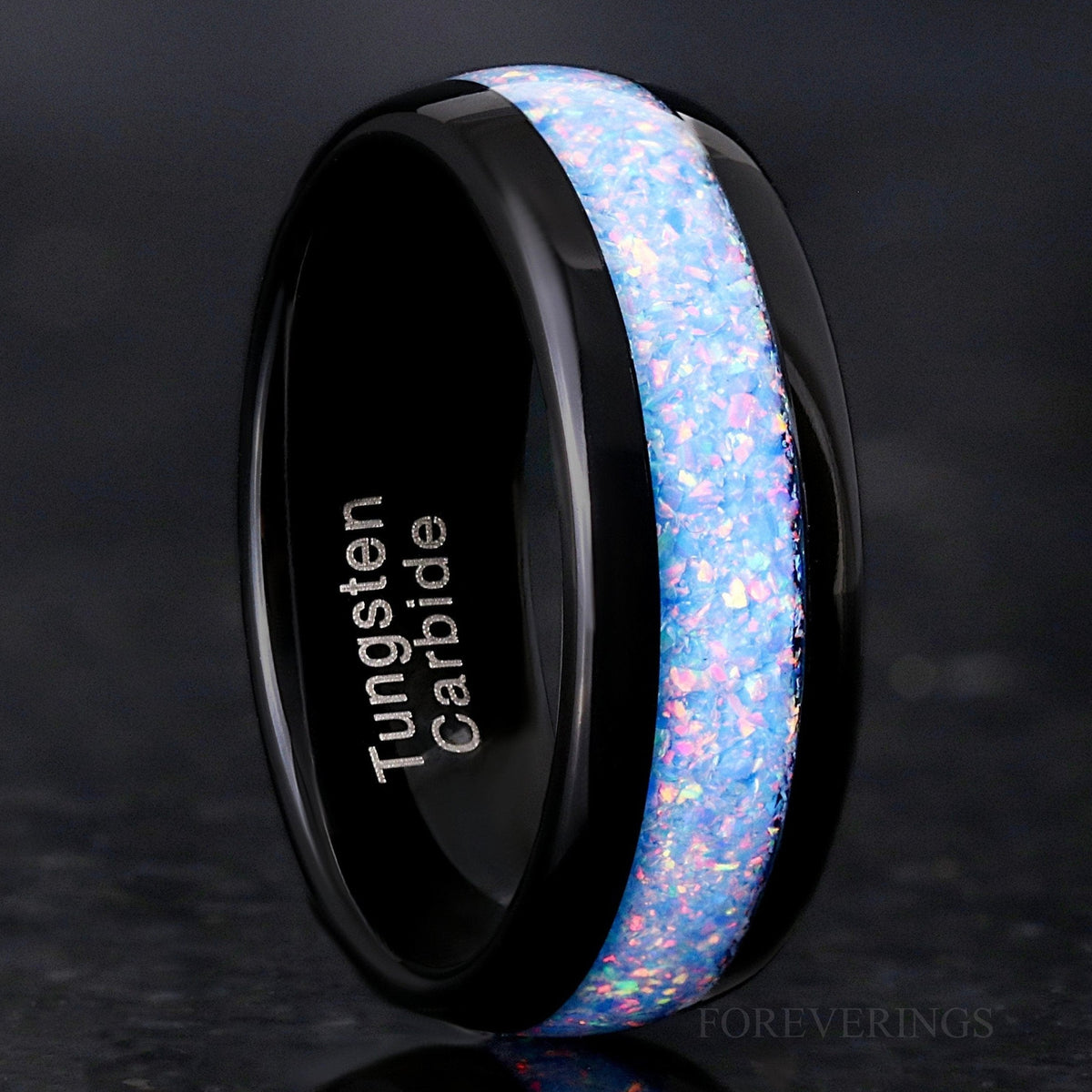 Rainbow Fire Opal Inlay Black Tungsten Wedding Band | Men's Dome 8mm Ring