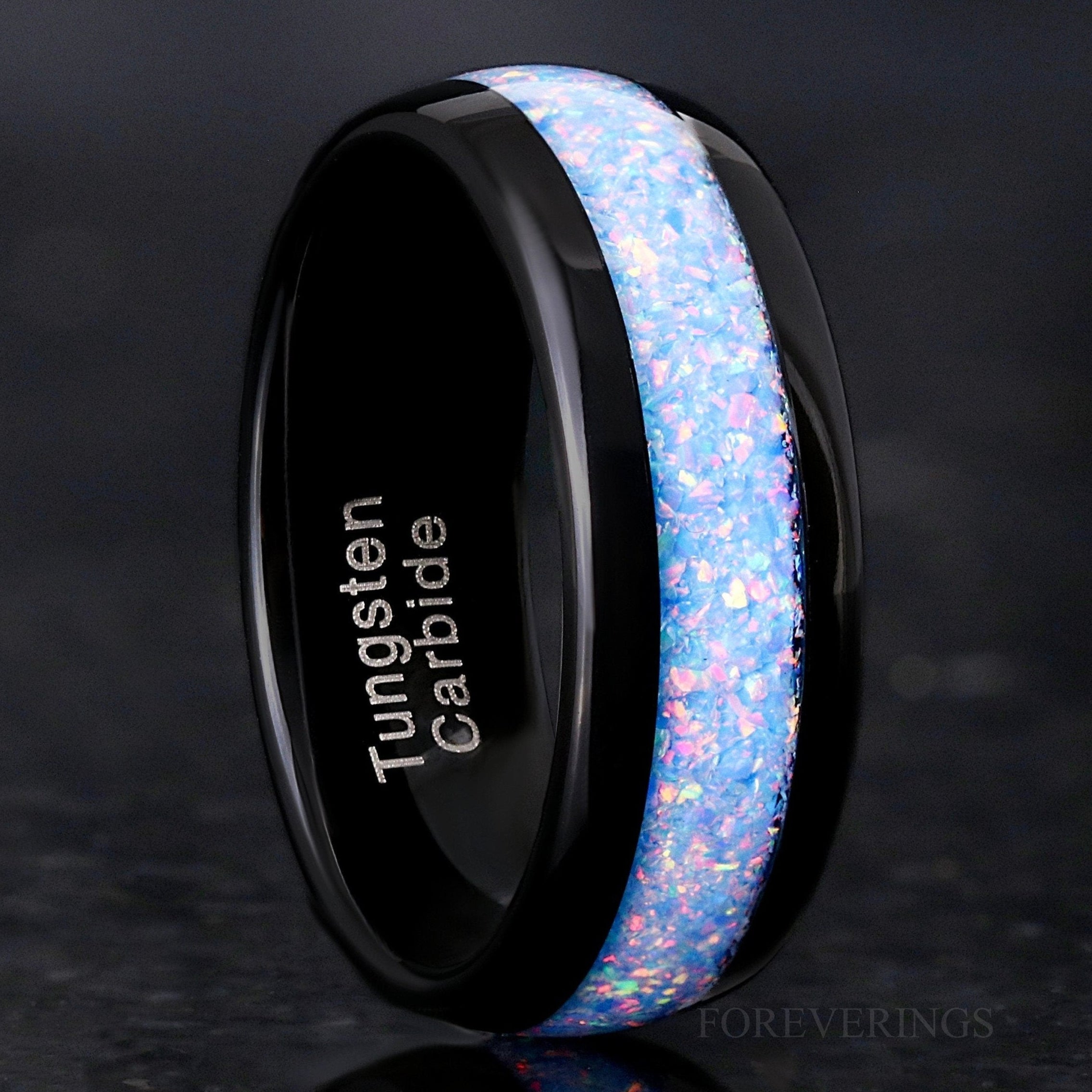 Rainbow Opal Tungsten Ring, Black Tungsten Wedding Band, 8mm Dome Ring, Polished, Mens Wedding Band, Ring Engraving, Crushed Fire Opal Inlay