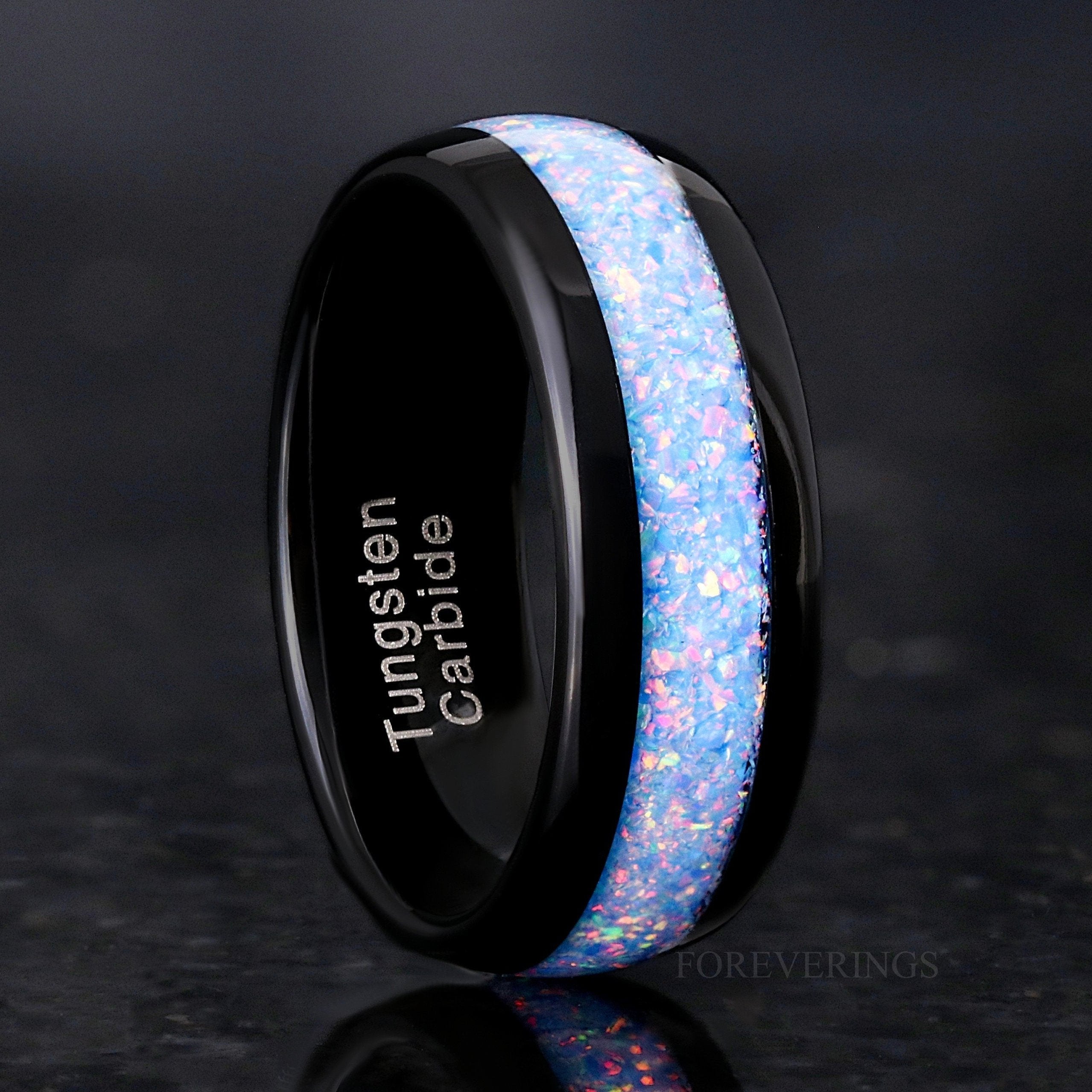 Rainbow Opal Tungsten Ring, Black Tungsten Wedding Band, 8mm Dome Ring, Polished, Mens Wedding Band, Ring Engraving, Crushed Fire Opal Inlay