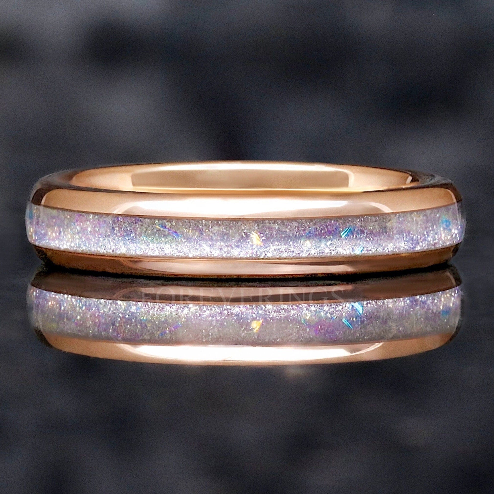 Moonstone Wedding Band, Rose Gold Tungsten Ring, 4mm Nebula Ring, Polished, Dome, Comfort Fit, Unique Ring, Men Women Ring, Engraving