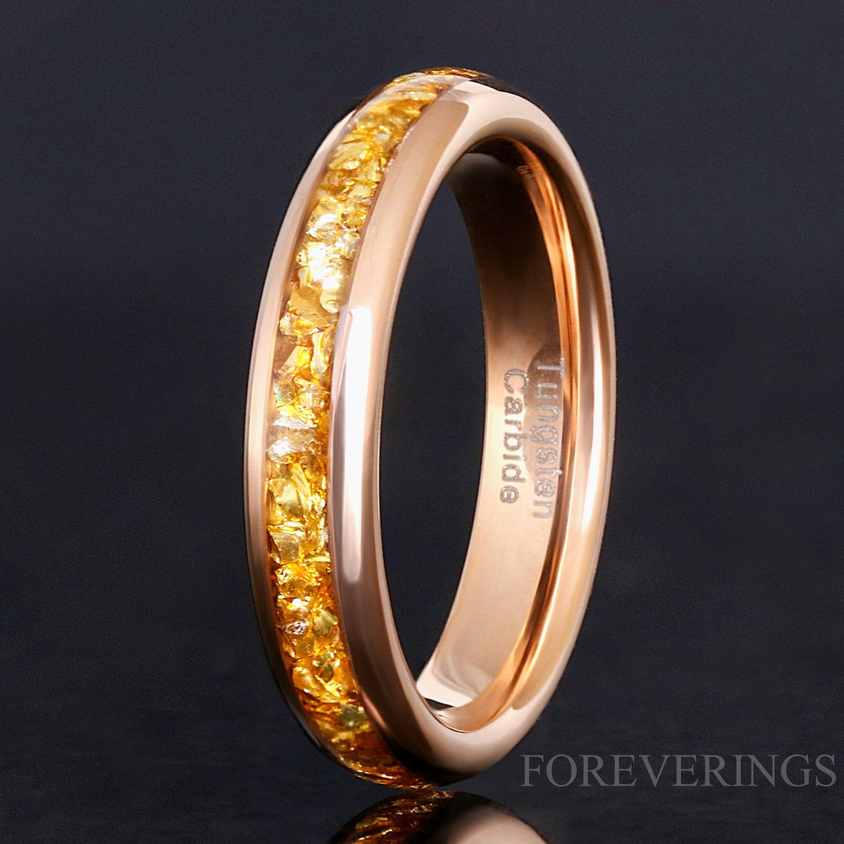 4mm Citrine Rose Gold Tungsten Wedding Band, Unique Men Women Ring, Crushed Citrine Glass Stones Ring, Dome, Polished, Ring Engraving