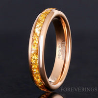 4mm Citrine Rose Gold Tungsten Wedding Band, Unique Men Women Ring, Crushed Citrine Glass Stones Ring, Dome, Polished, Ring Engraving
