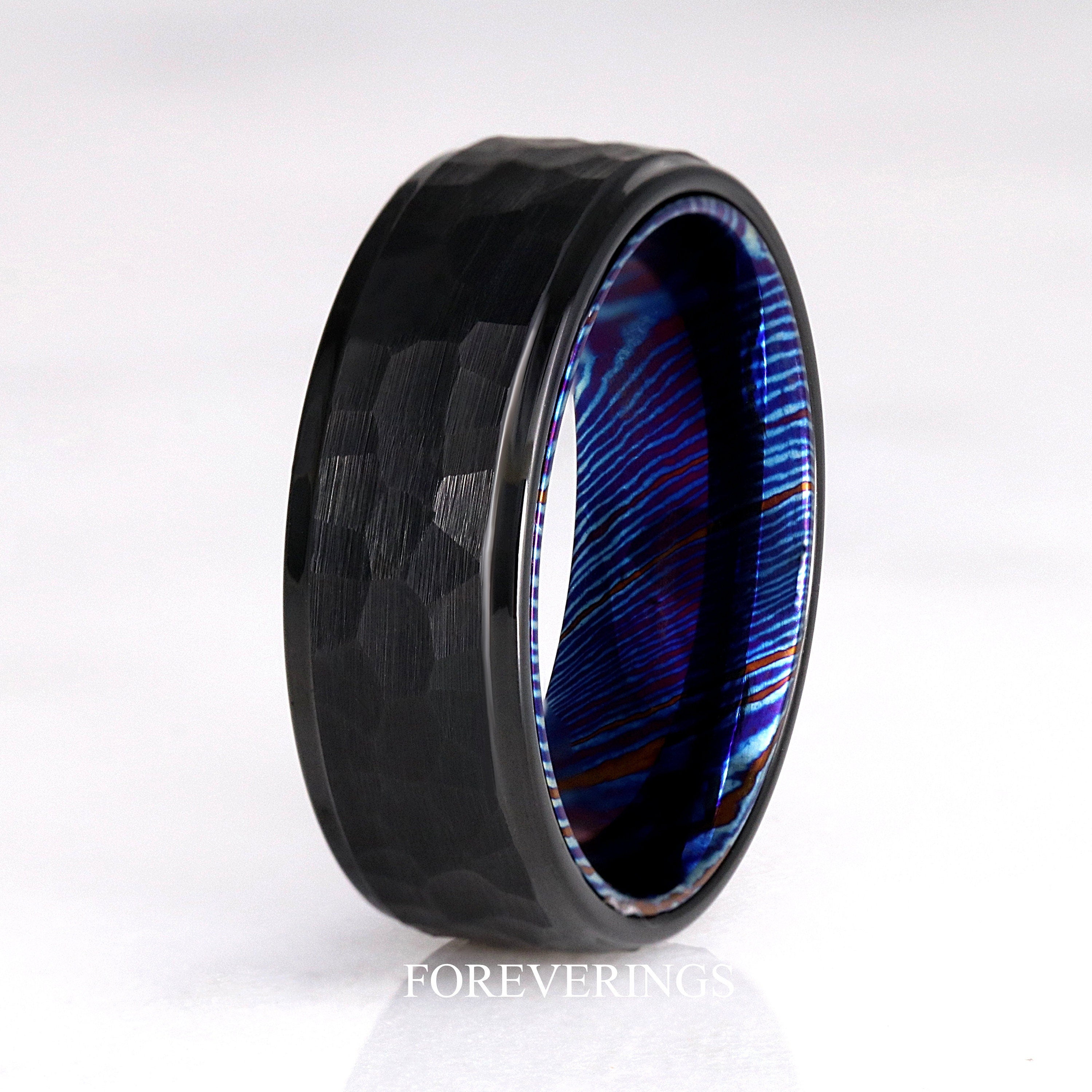 Timascus Black Hammered Ring, Man Tungsten Wedding Band, Matte Brushed, Facet, Flat, 8mm Band, Man Promise Ring, Unique Blue Ring, Engraving