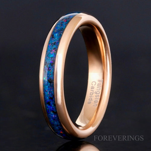 Indigo Blue Fire Opal Inlay | Rose Gold Tungsten Wedding Band