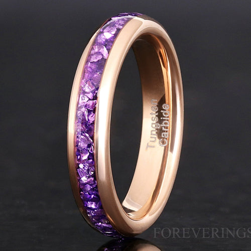 Amethyst Wedding Band Rose Gold, Purple Tungsten Ring, Women or Men’s Ring, 4mm Promise Ring, Unique Purple Band, Anniversary Gift