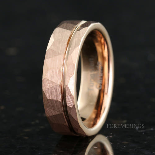 Men's 7mm hammered rose gold tungsten wedding band with an offset groove