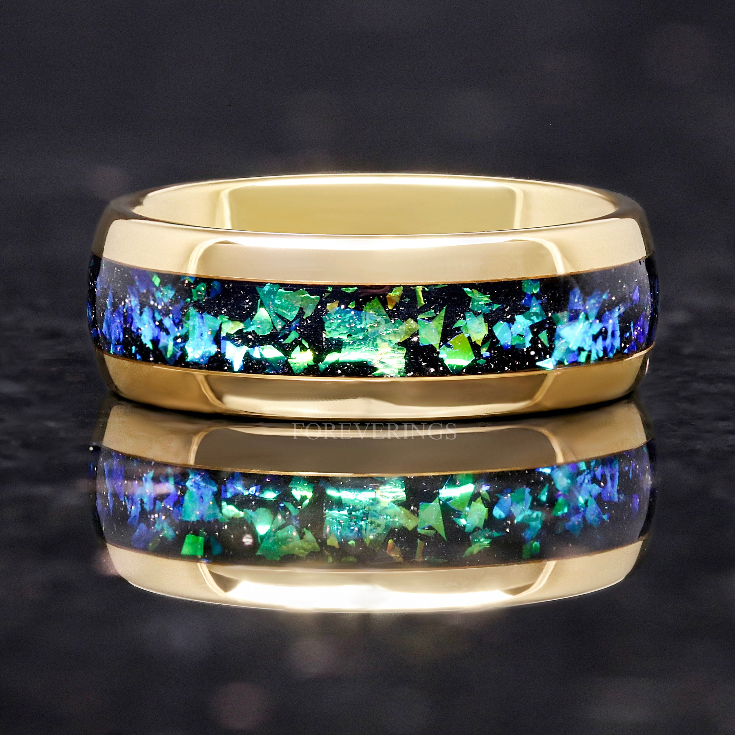 Rosette Nebula Man Gold Wedding Band, Gold Tungsten Band, Green Space Ring, Man Promise Ring, Dome, Polish, Engraving, 8mm Gold Nebula Ring