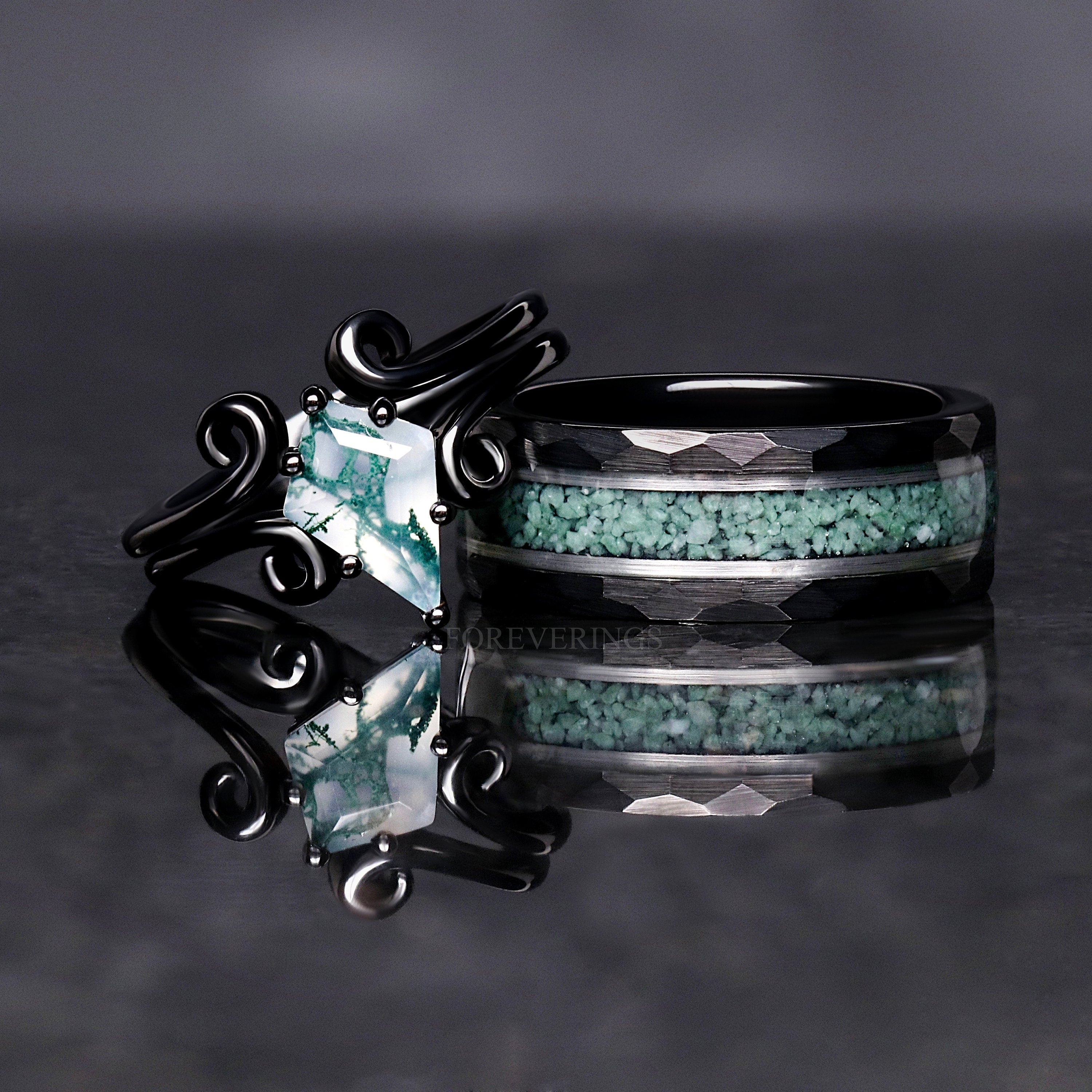 Twirl Green Moss Agate Ring Set, His Her Matching Wedding Ring, Nature Couple Ring, Alternative Engagement Ring Set, 925 Silver and Tungsten