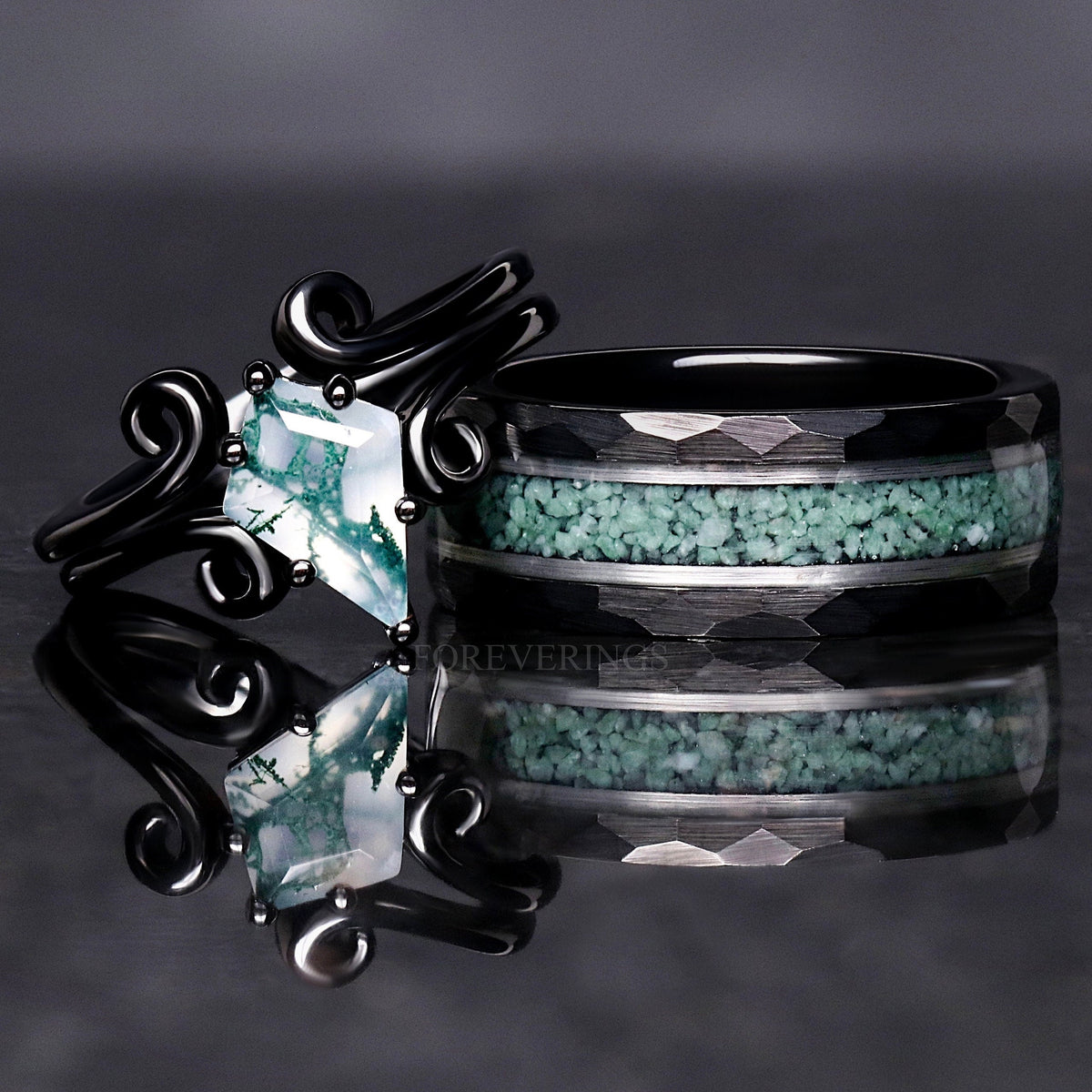 Matching black couples ring set: kite cut moss agate ring with swirl details and an 8mm moss agate band