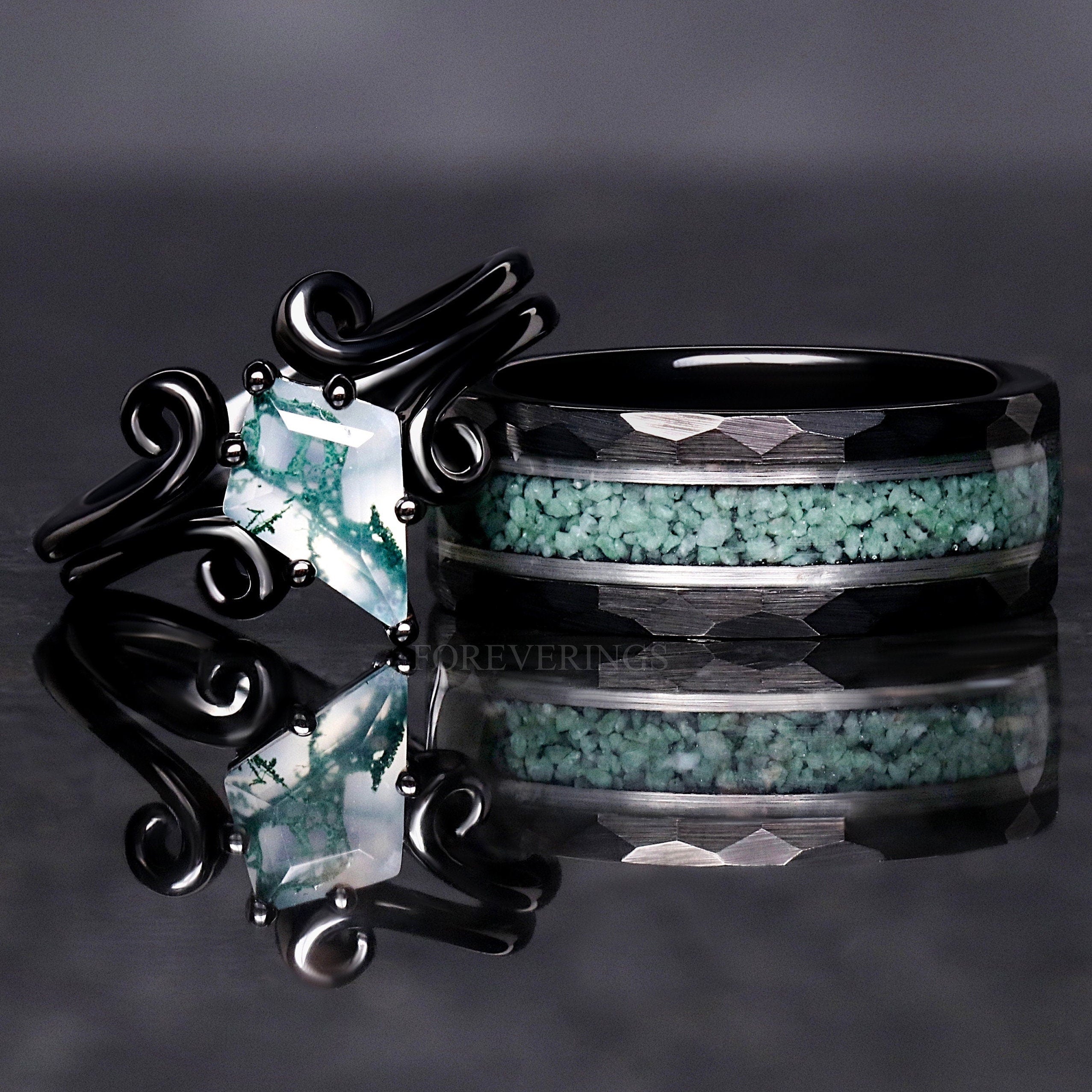 Twirl Green Moss Agate Ring Set, His Her Matching Wedding Ring, Nature Couple Ring, Alternative Engagement Ring Set, 925 Silver and Tungsten