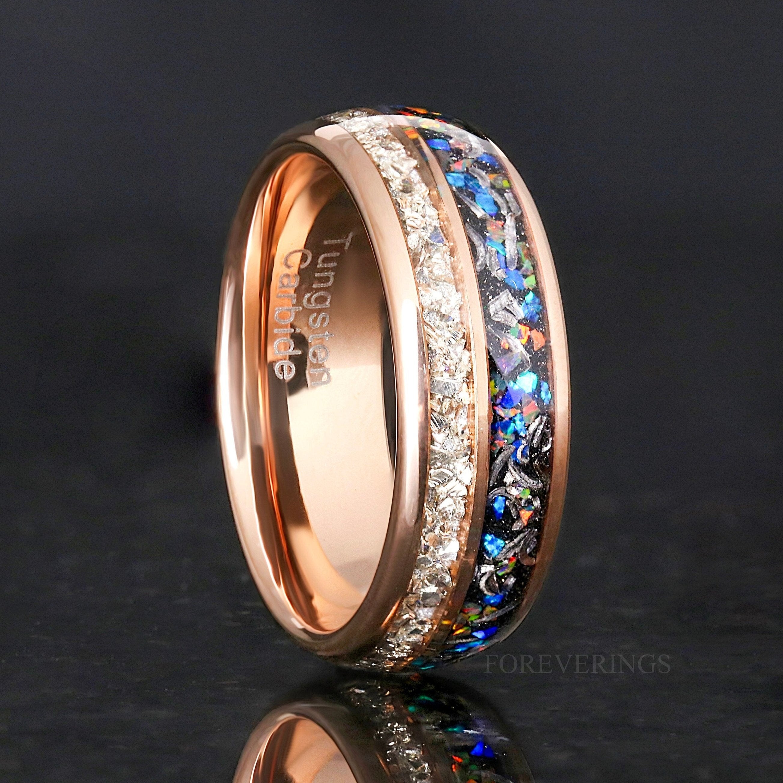 Unique Mens Galaxy Opal Band, Genuine Meteorite, Rose Gold Tungsten Ring, Dome, Polish, Silver Glass Stone, Ring Engraving, Man Wedding Band