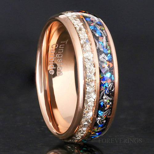 Meteorite Galaxy Opal Rose Gold Tungsten Wedding Band | Men's 8mm Ring