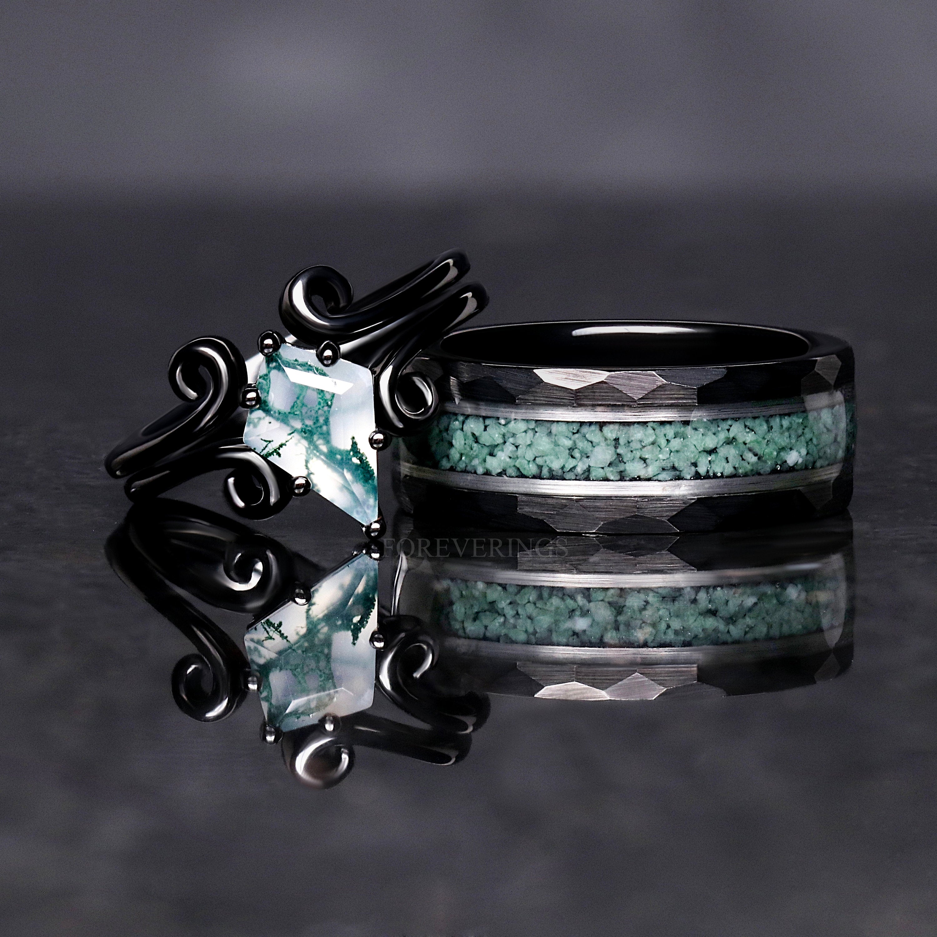 Twirl Natural Green Moss Agate Woman Wedding Ring, Black Alternative Engagement Ring, Kite Cut, 925 Sterling Silver, Nature, Simple Unique