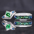 Matching silver couples ring set with Rosette nebula inlay band and green tsavorite bridal set, 8mm and 1.7mm