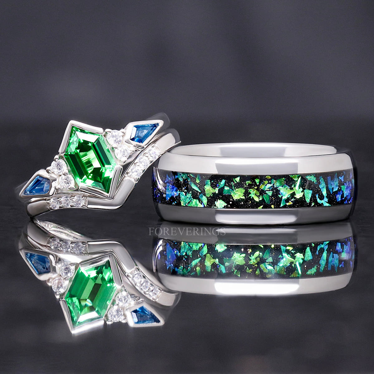 Matching silver couples ring set with Rosette nebula inlay band and green tsavorite bridal set, 8mm and 1.7mm