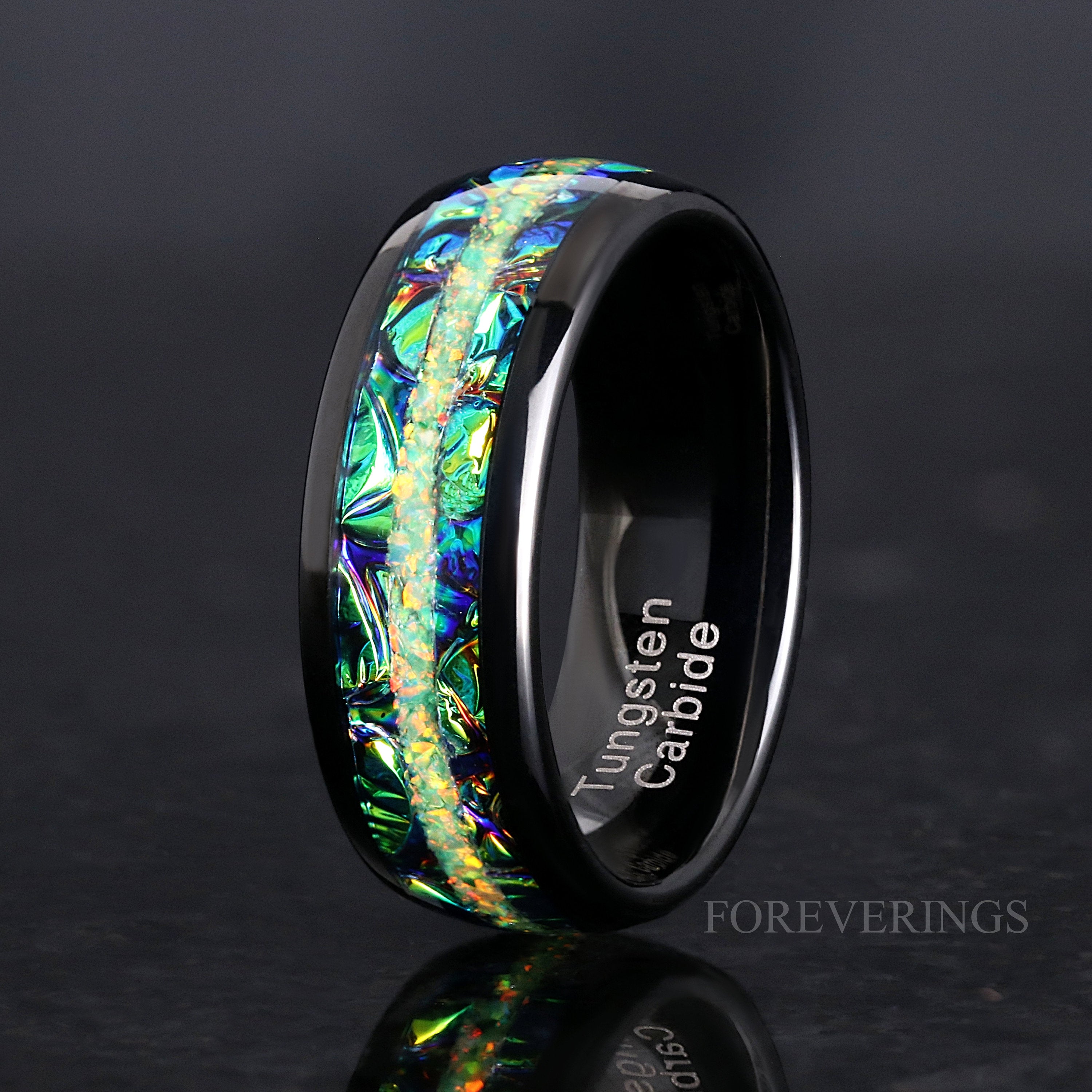 Rhaegal Green Fire Opal Couple Ring Set, His Her Black Tungsten Wedding Band, 8mm 4mm Dragon Band, Dichrolam, Unique Matching Promise Ring