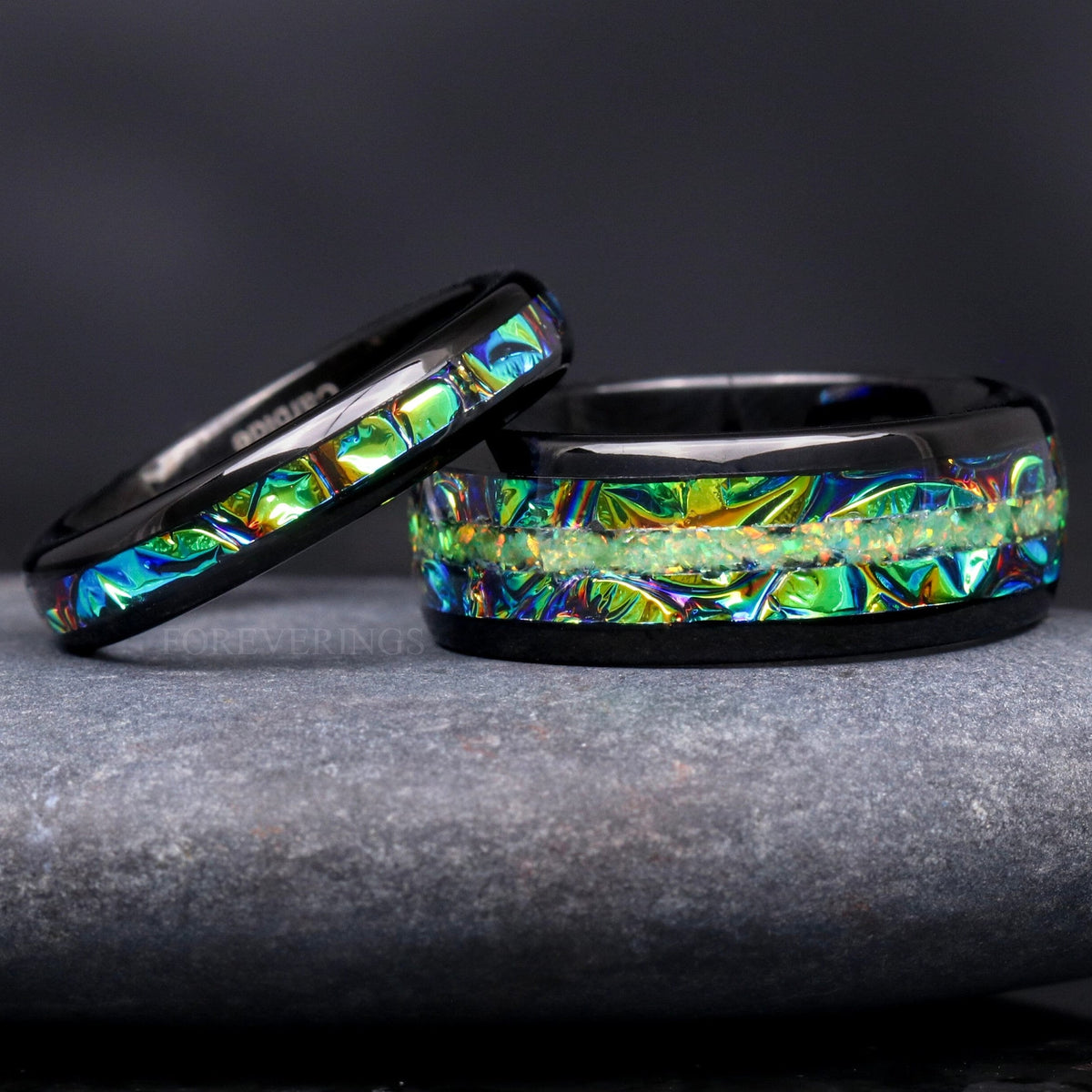 Rhaegal Green Fire Opal Couple Ring Set, His Her Black Tungsten Wedding Band, 8mm 4mm Dragon Band, Dichrolam, Unique Matching Promise Ring