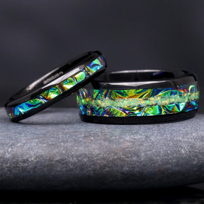 Rhaegal Green Fire Opal Couple Ring Set, His Her Black Tungsten Wedding Band, 8mm 4mm Dragon Band, Dichrolam, Unique Matching Promise Ring