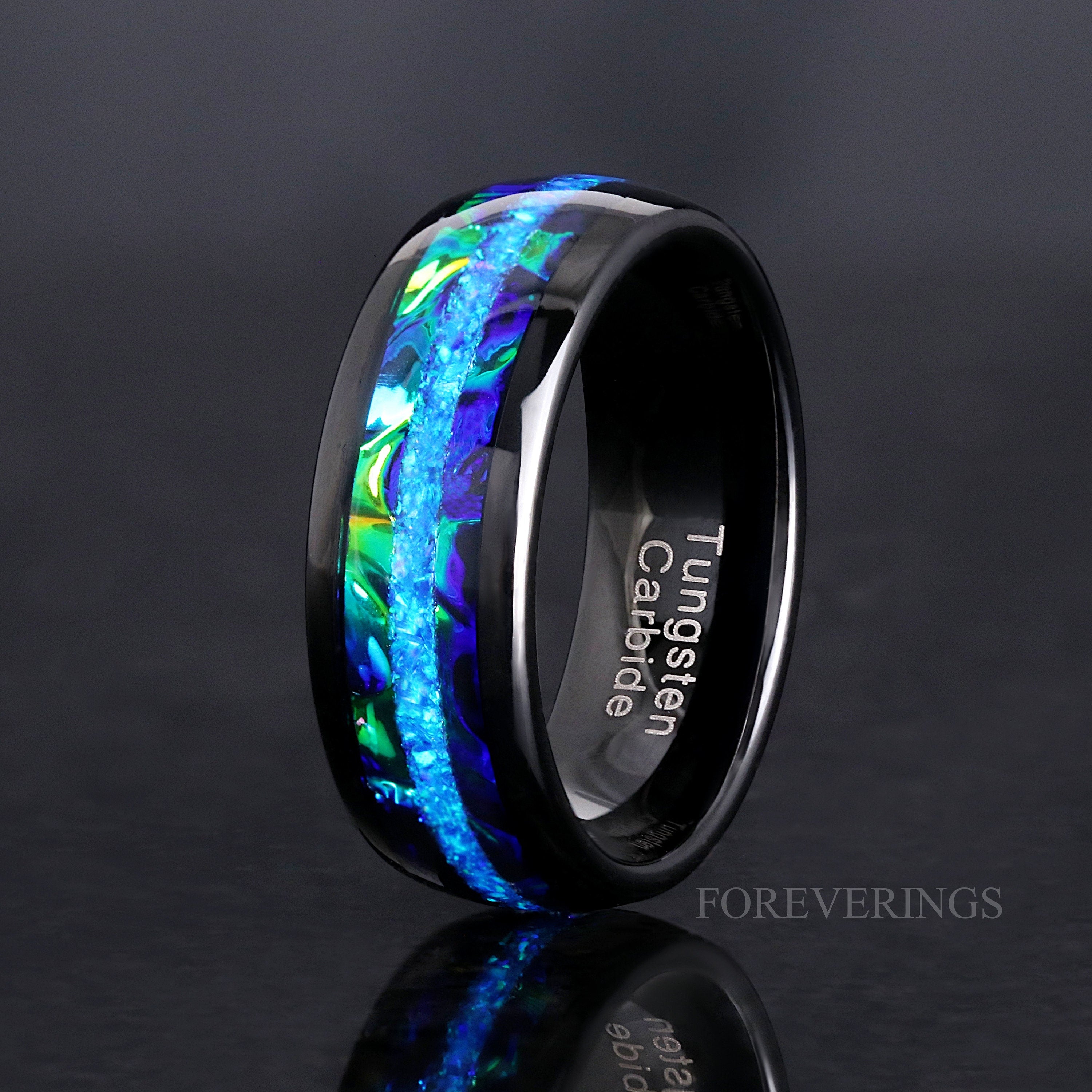 Azure Blue Fire Opal Couple Ring, His Her Tungsten Band, Matching Wedding Band, 8mm 4mm Black Promise Ring Set, Dichrolam, Dragon, Engraving