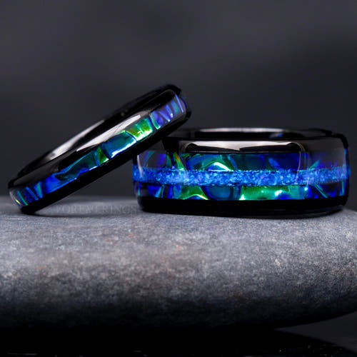 Matching black tungsten couples ring set with blue fire opal and dichrolam inlay, 8mm and 4mm