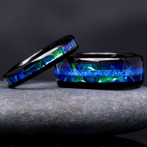 Azure Blue Fire Opal Couple Ring, His Her Tungsten Band, Matching Wedding Band, 8mm 4mm Black Promise Ring Set, Dichrolam, Dragon, Engraving