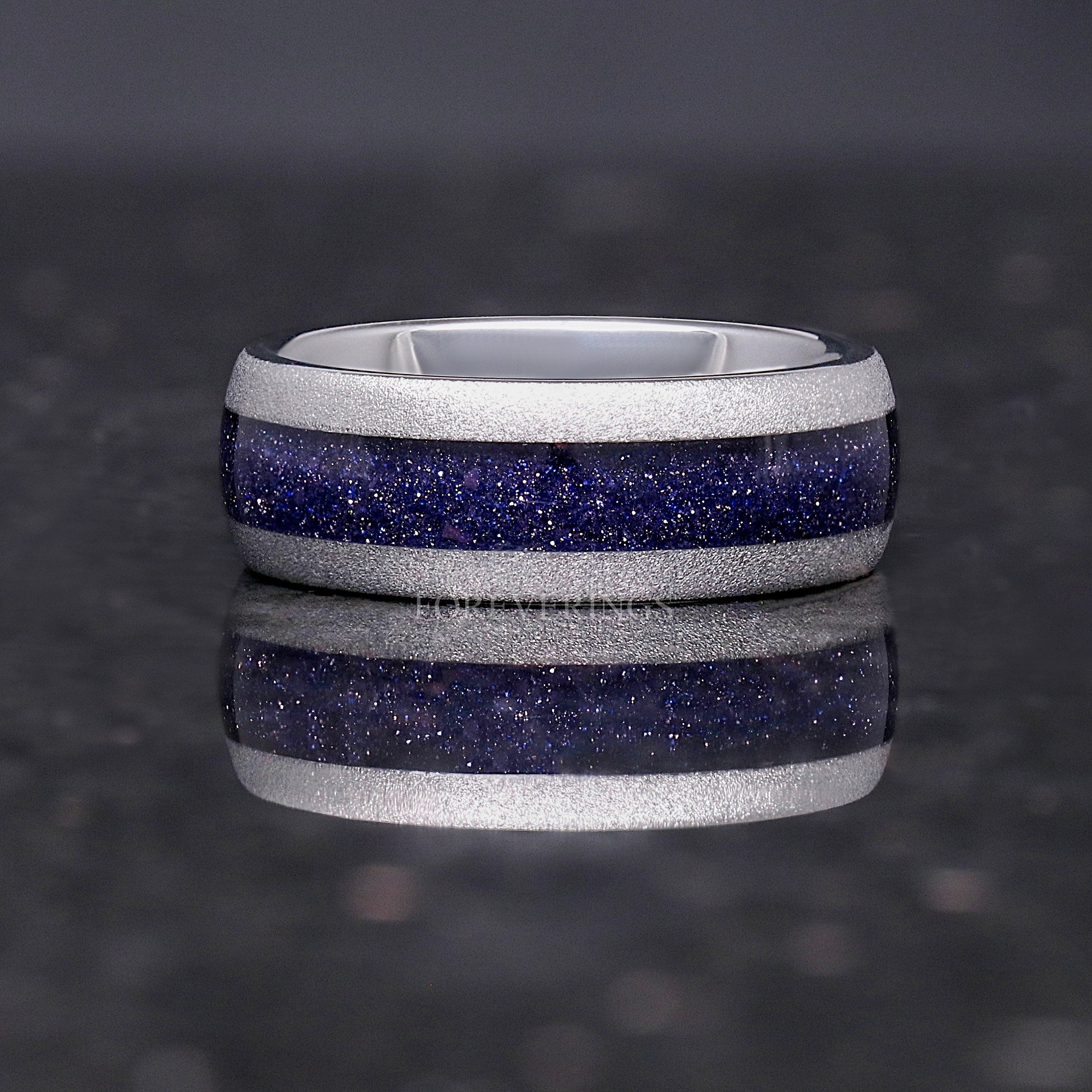 Great Rift Nebula Ring, Starry Night, Blue Sandstone, Sandblast Silver Tungsten Band, Dome, Man Wedding Band, Engraving, 8mm Promise Ring