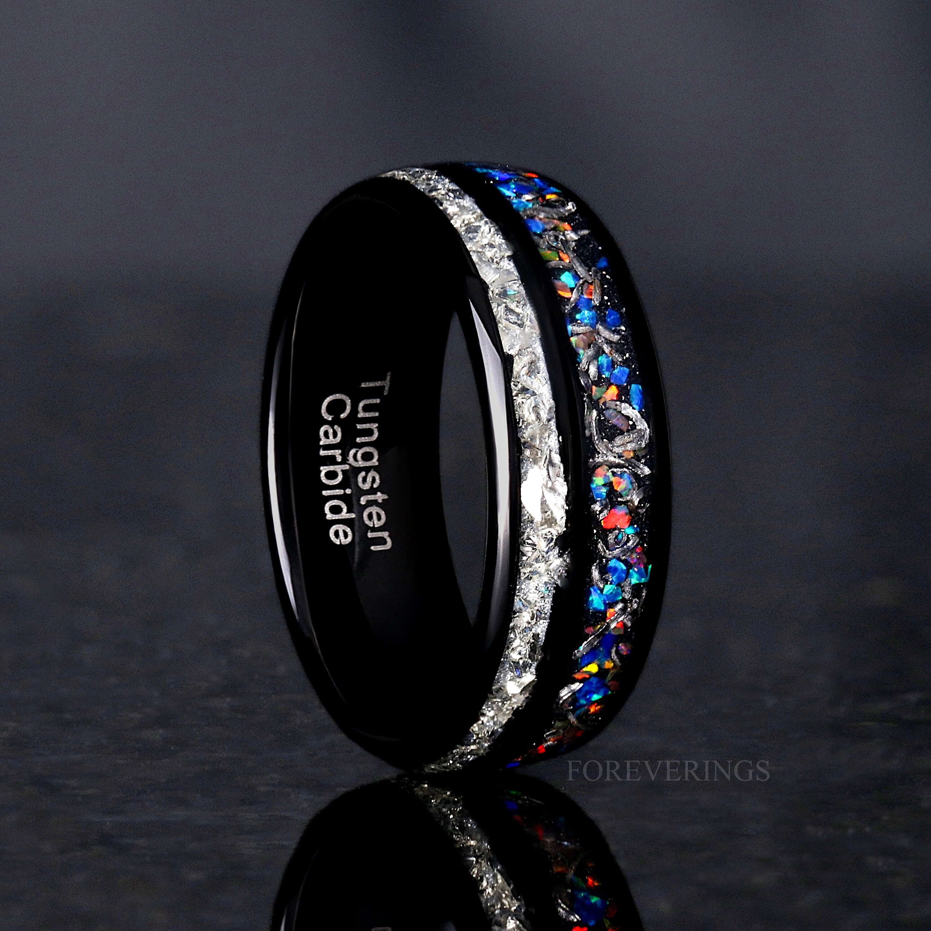 Unique Men Galaxy Opal Band, Genuine Meteorite, 8mm Black Tungsten Ring, Dome, Polish, Crushed Glass Stone, Ring Engraving, Man Wedding Band