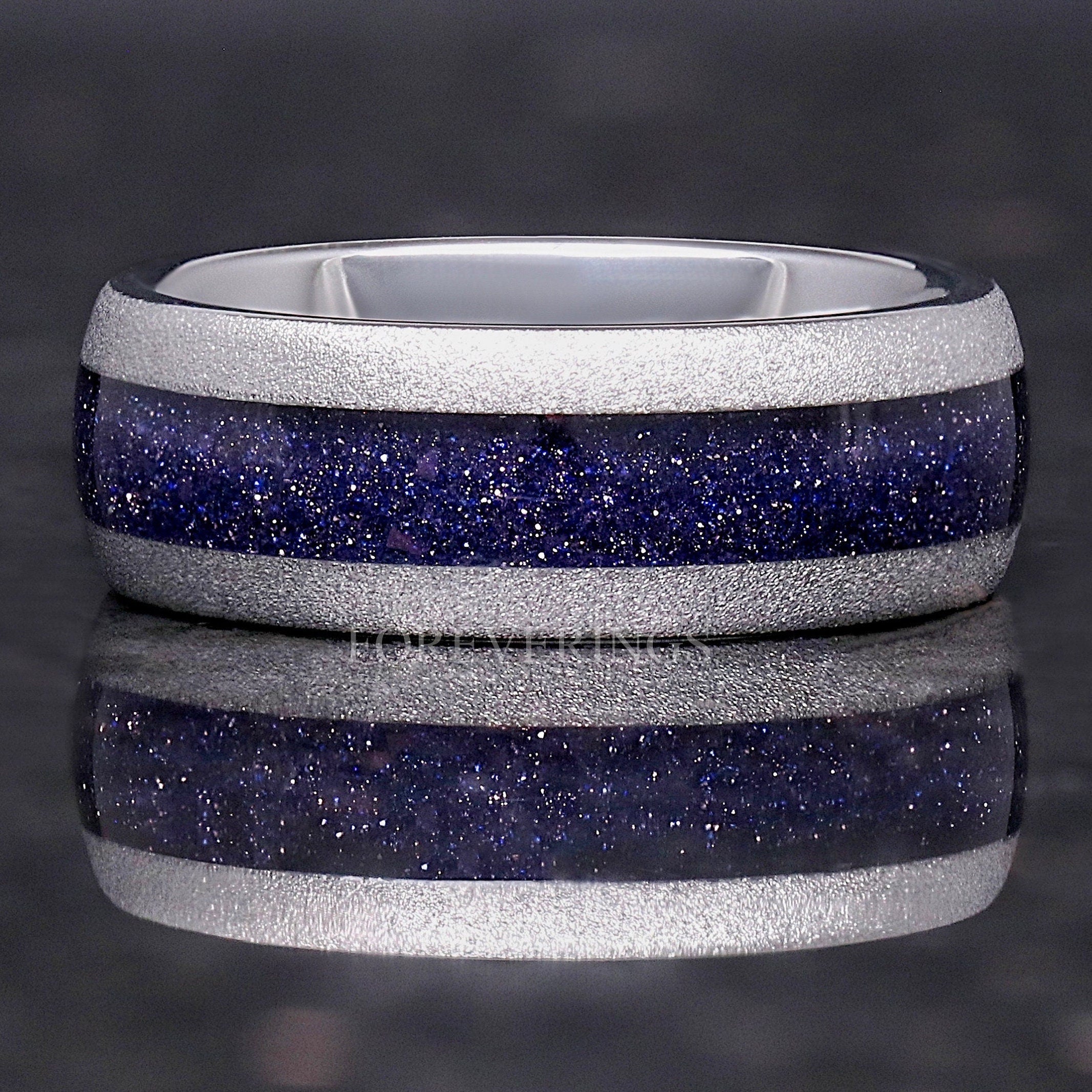 Great Rift Nebula Ring, Starry Night, Blue Sandstone, Sandblast Silver Tungsten Band, Dome, Man Wedding Band, Engraving, 8mm Promise Ring