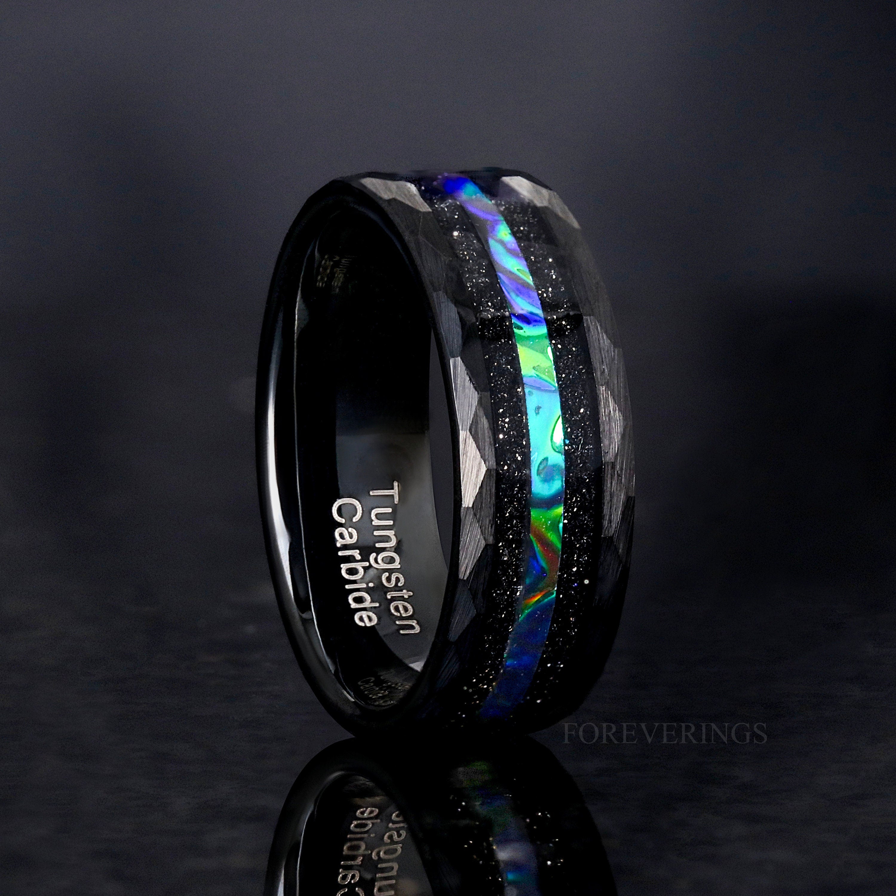 Azure Hammered Tungsten Band, Man Wedding Ring, Unique Promise Ring for Him, Blue Dichrolam, Black Nebula Ring, Flat Brush, Ring Engraving