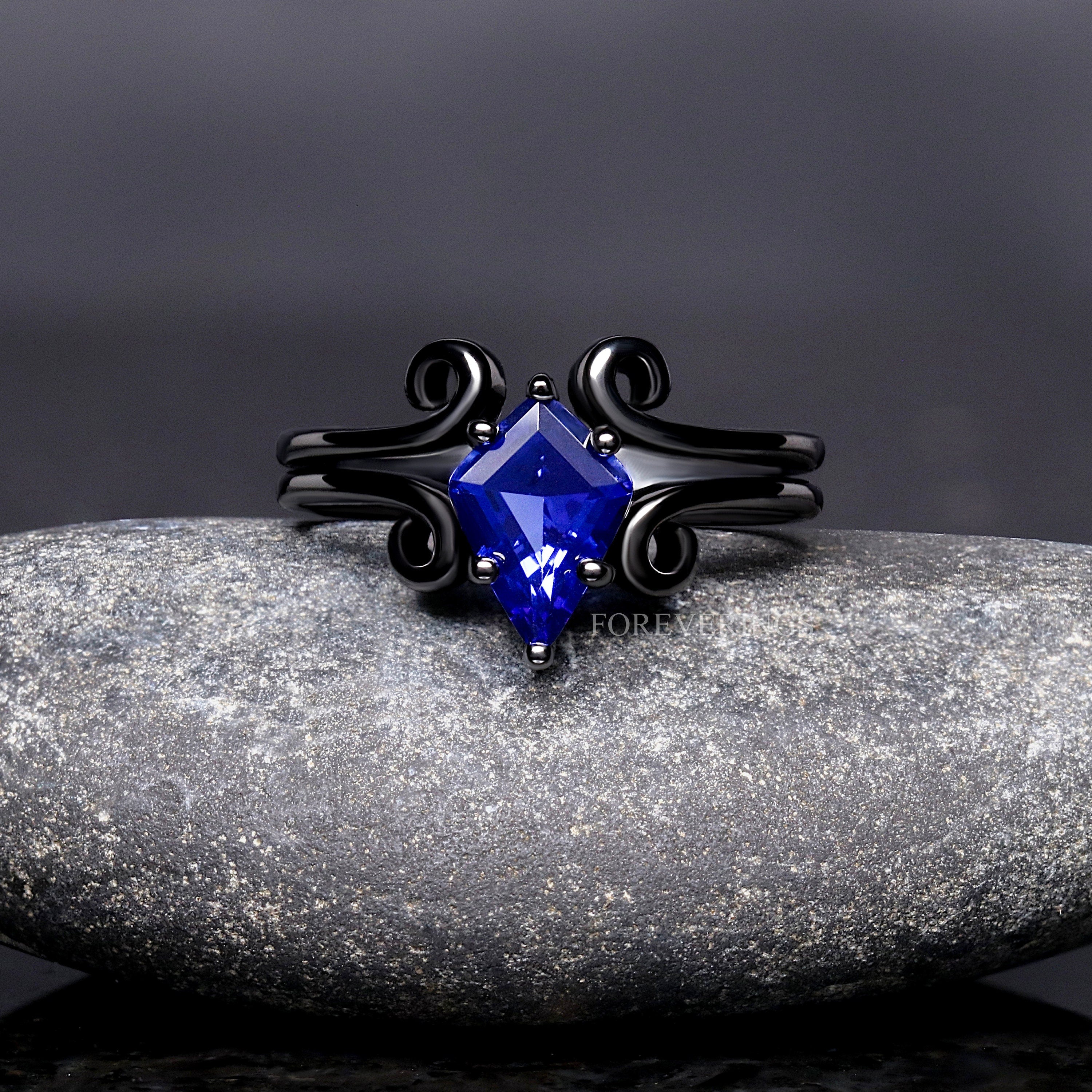 Twirl Black Damascus Ring Set, Orion Nebula, Space, His Her Wedding Band, Sapphire, Alternative Couple Ring, Stainless Steel and 925 Silver