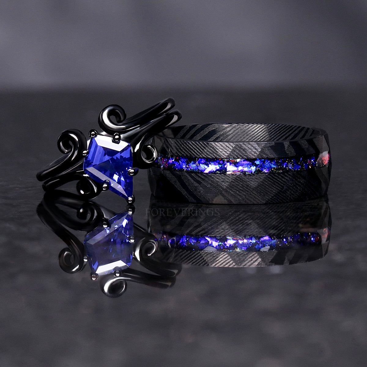 Twirl Orion Nebula Woman Wedding Ring, Kite Cut Sapphire, 925 Sterling Silver Ring, Space Engagement Ring, Black Ring for Her, Engraving