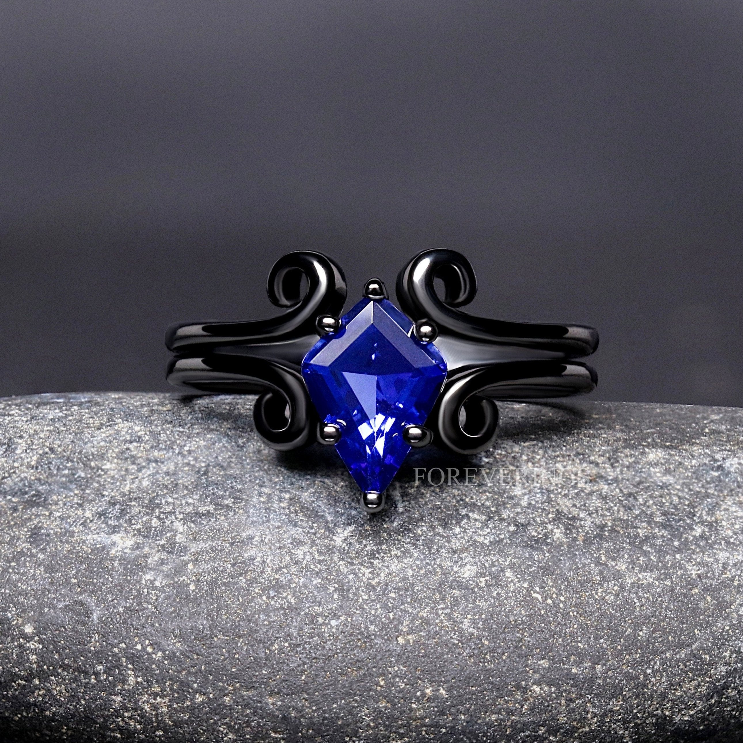 Twirl Orion Nebula Woman Wedding Ring, Kite Cut Sapphire, 925 Sterling Silver Ring, Space Engagement Ring, Black Ring for Her, Engraving