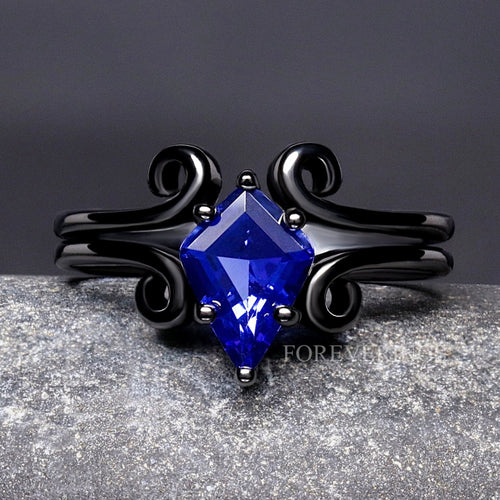 Women's kite-cut sapphire bridal set in black sterling silver with twirls, shown straight on