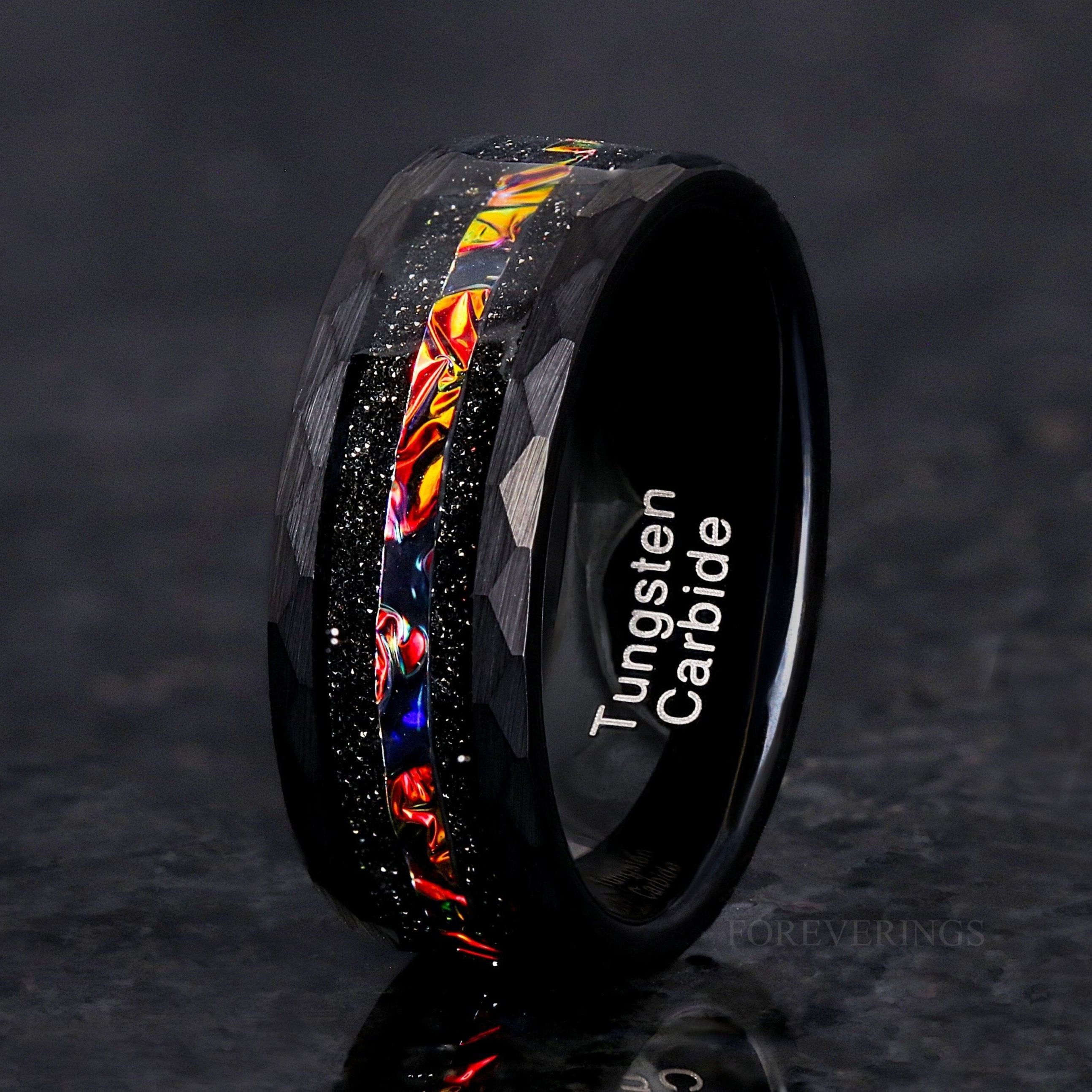 Caraxes Red Nebula Ring, Black Hammered Tungsten Wedding Band, Dichrolam, Man Galaxy Space Ring, Unique Wedding Band for Him, Ring Engraving