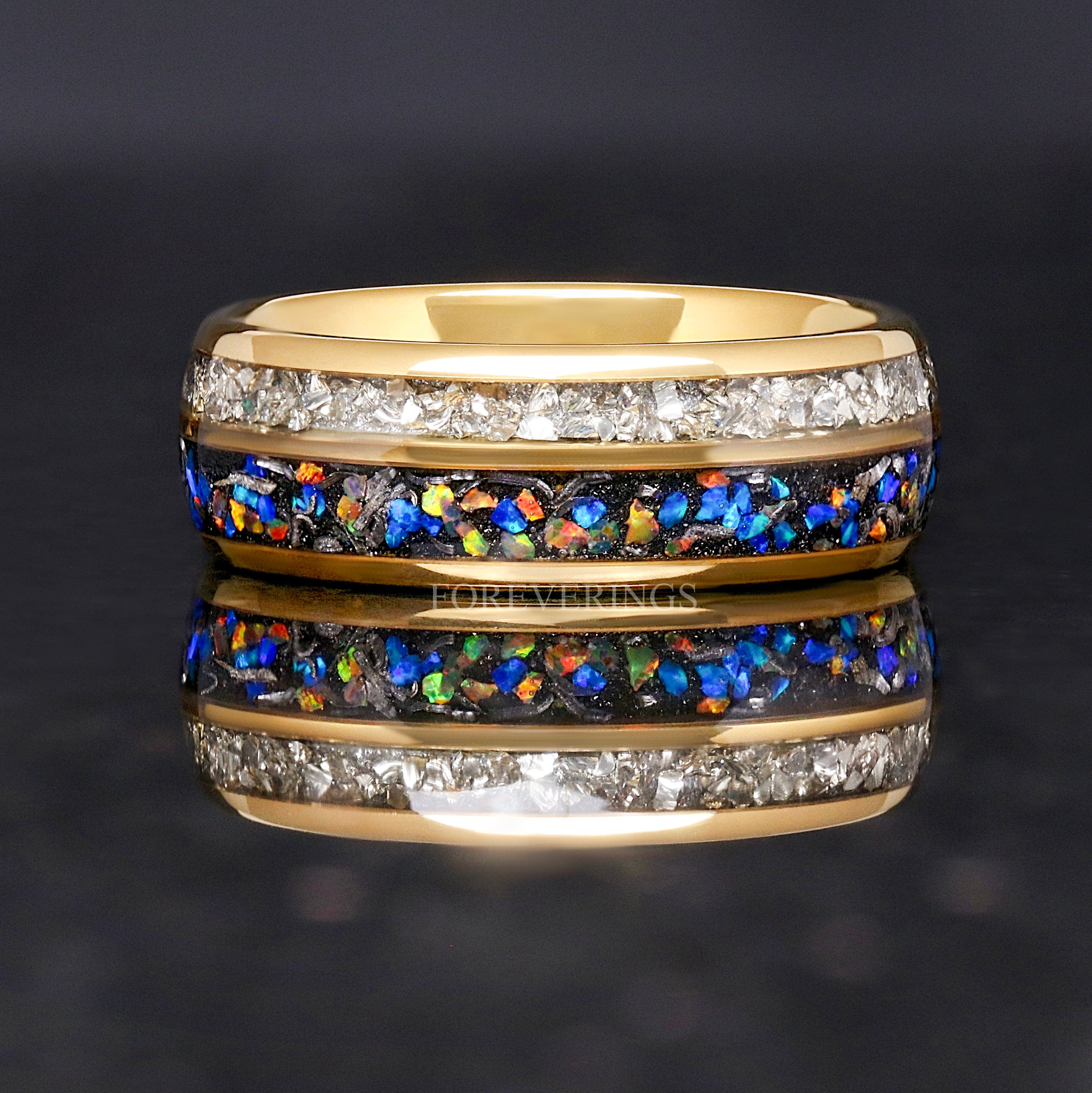 Unique Mens Galaxy Opal Band, Gold Tungsten Ring, Genuine Meteorite, Dome, Polish, Silver Glass Stone, Ring Engraving, Man Wedding Band